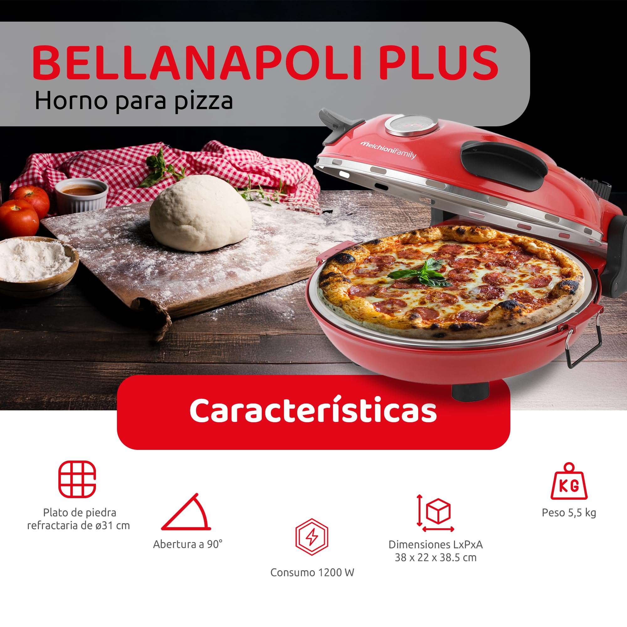 Melchioni Family | BELLA NAPOLI PLUS Horno para Pizza 400°C con Piedra Refractaria Ø31 cm Extraíble, Doble Resistencia, Termómetro, 2 Paletas, Cocción Rápida 1300 Vatios
