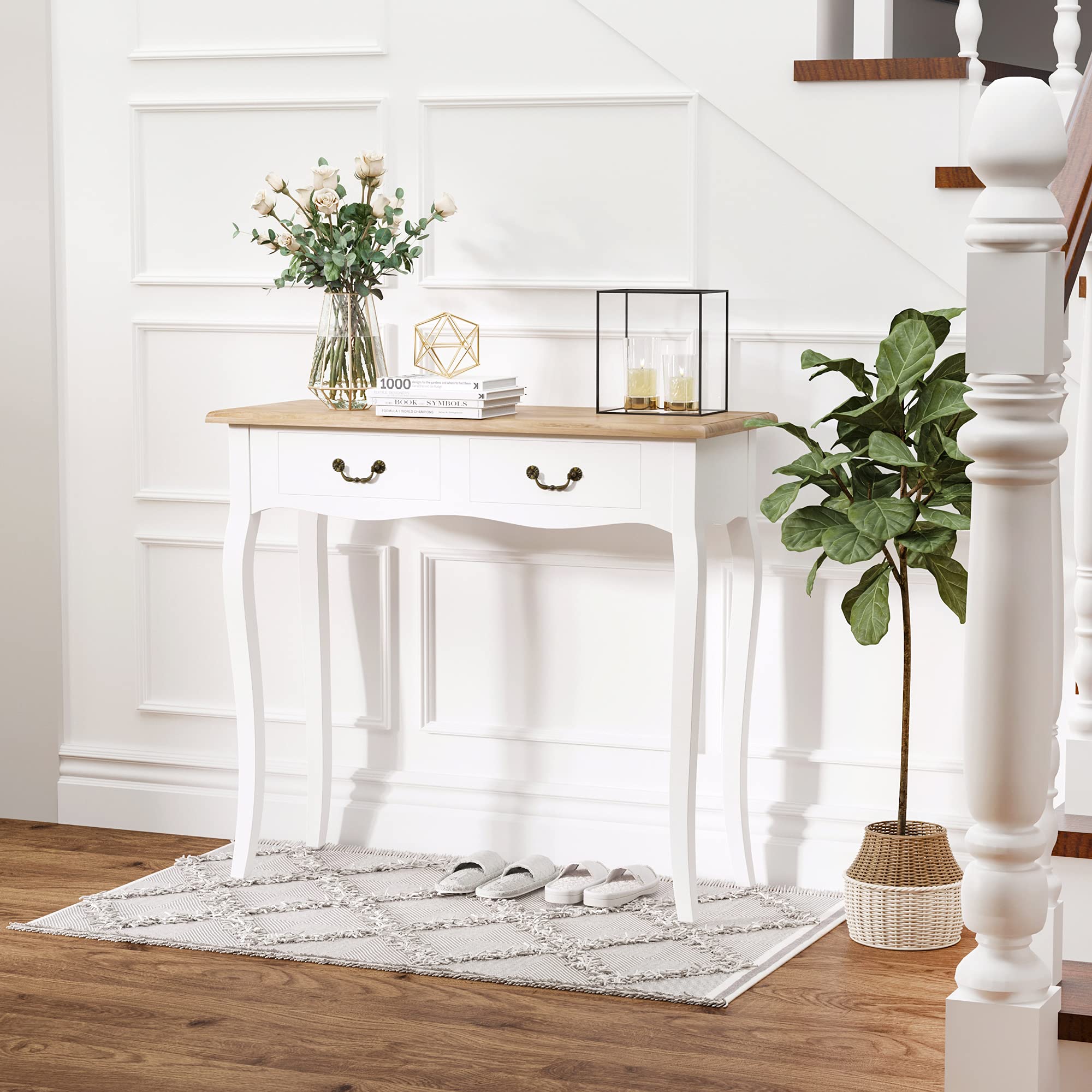 HOMCOM Table Console Style Mexicain 2 Tiroirs 87L x 34l x 78H cm Blanc | Table d'Entrée, Bout de Canapé, MDF Bois Massif Pin Clair, Meubles de Salon