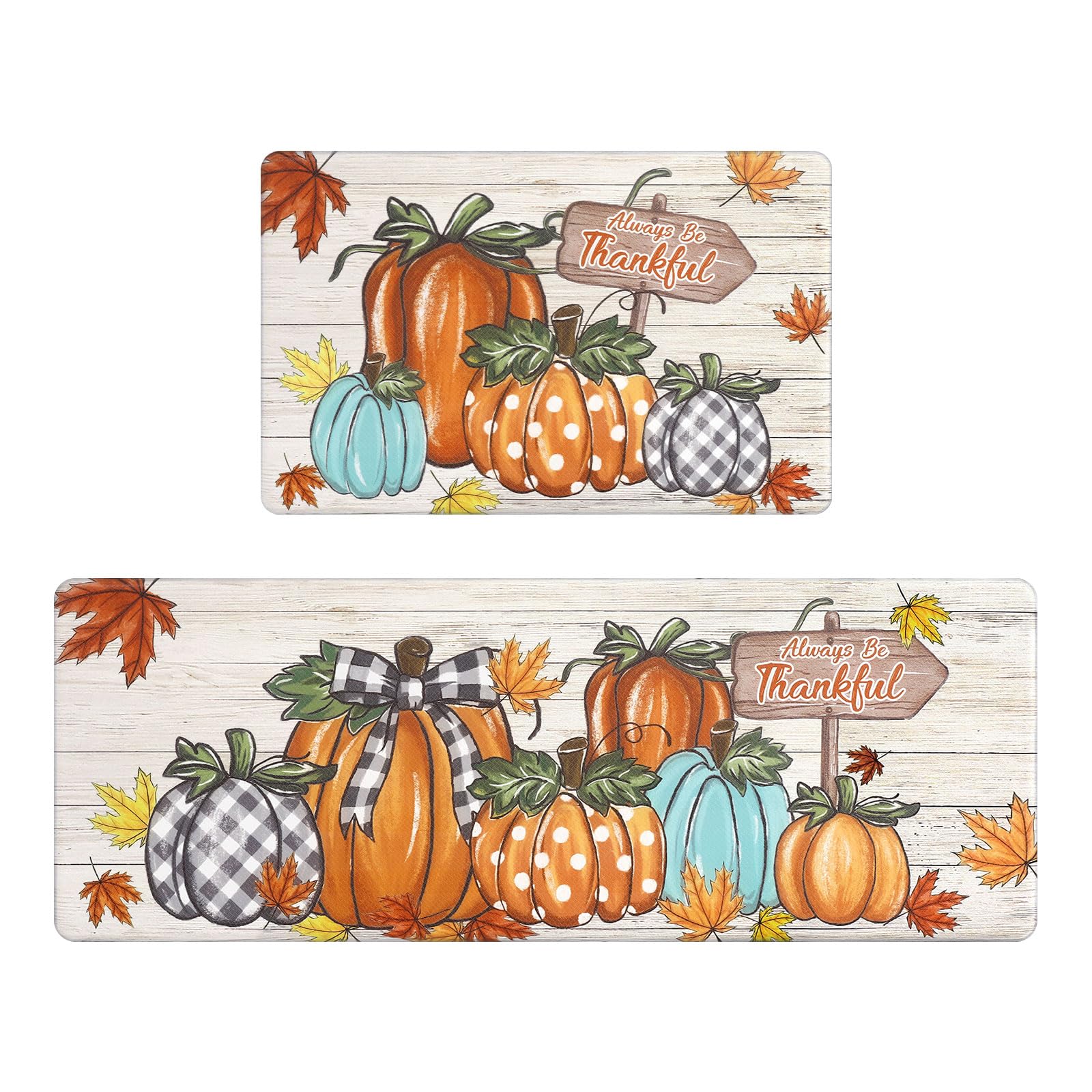 U'Artlines Fall Kitchen Mat Anti Fatigue Cushioned Comfort Standing Desk Mats Rugs Colorful Pumpkin Kitchen Mats for Floor 17"x28"+17"x47"