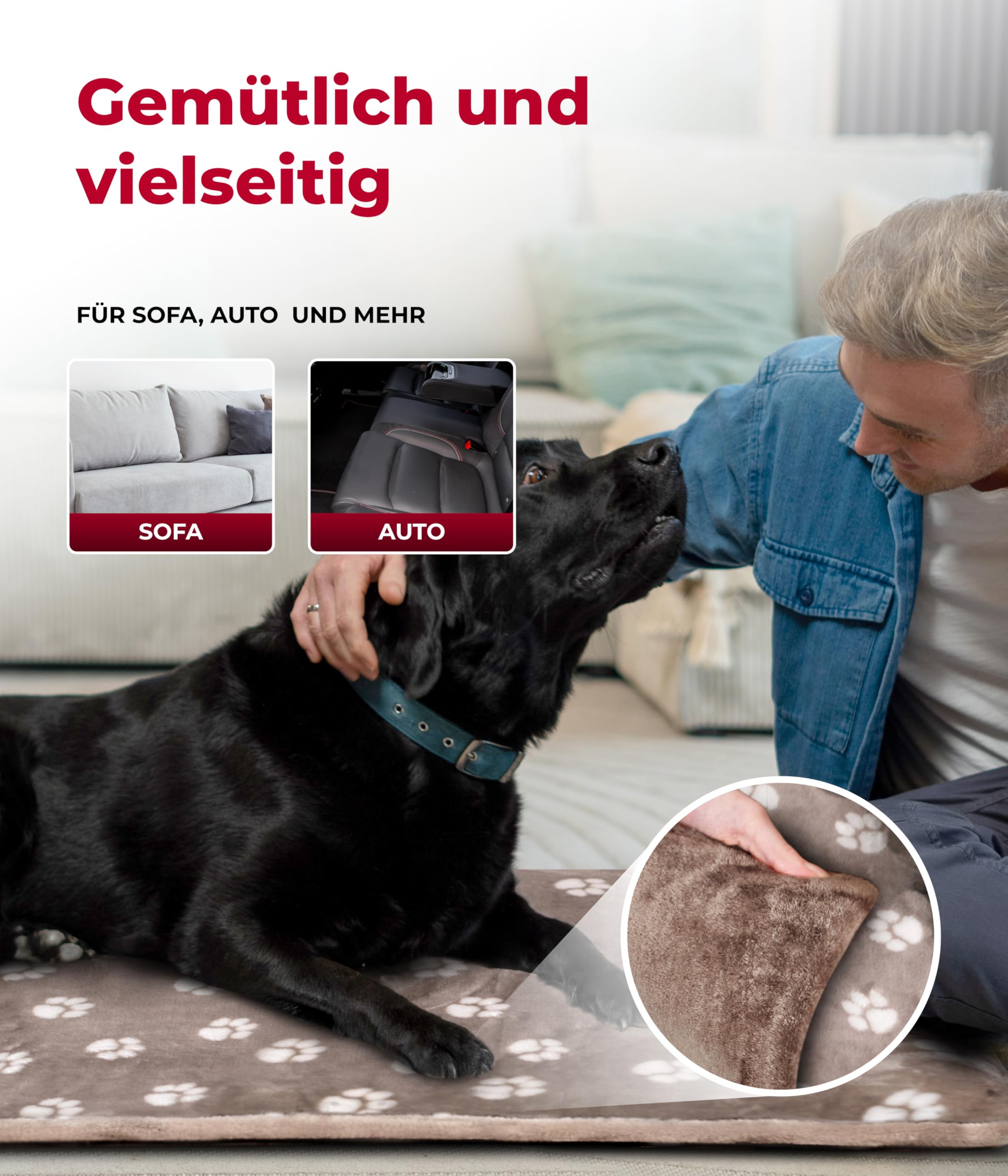 Hundedecke L (75x115 cm) – Wendbar & gemütlich Dank 3 cm Füllung – Perfekt fürs Sofa, Auto & Hundebox – Tatze Beige, Made in DE