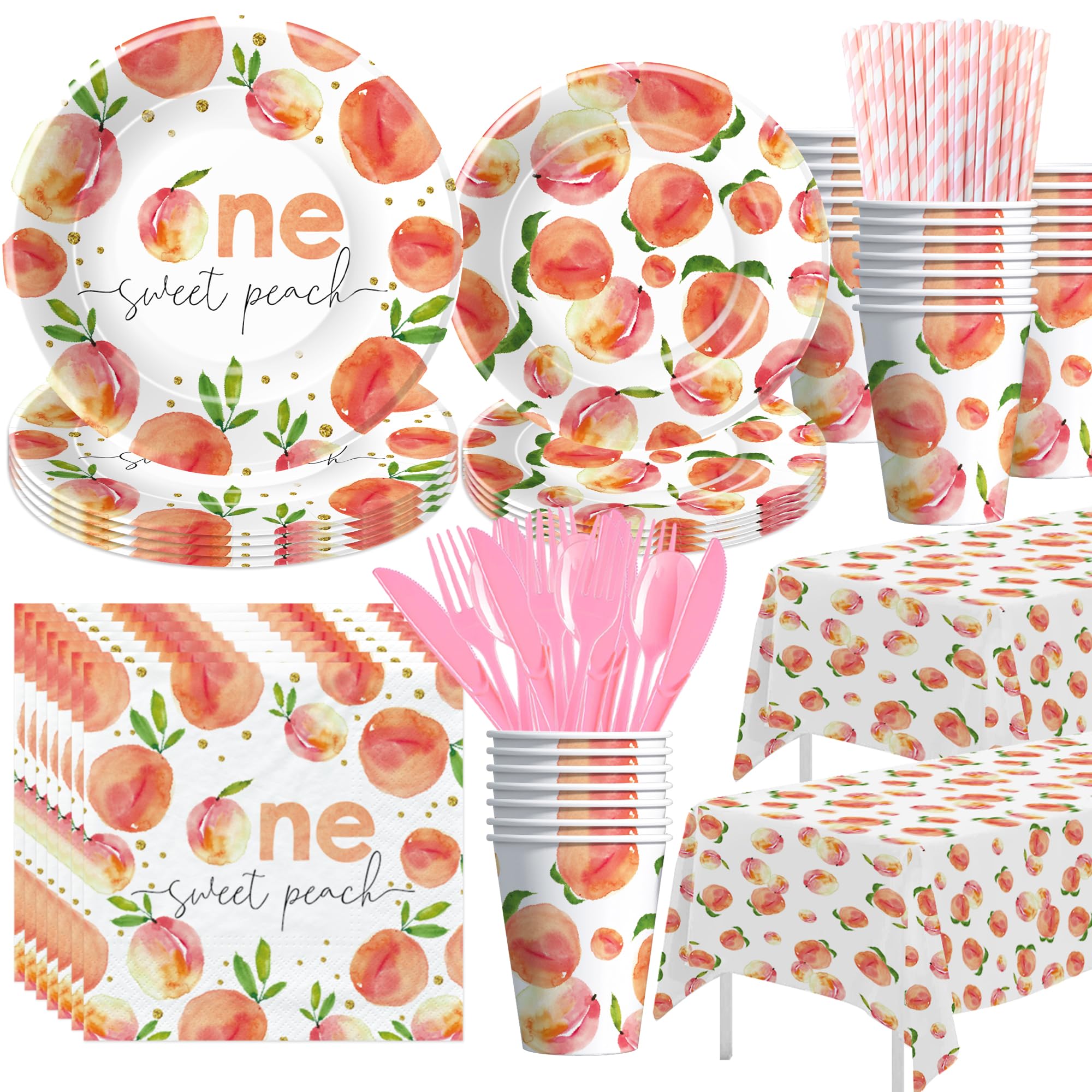 YJRJSC One Sweet Peach Birthday Decorations Party Tableware - Peach First Birthday Party Supplies, 1st Paper Plate, Cup, Napkin, Tablecloth,