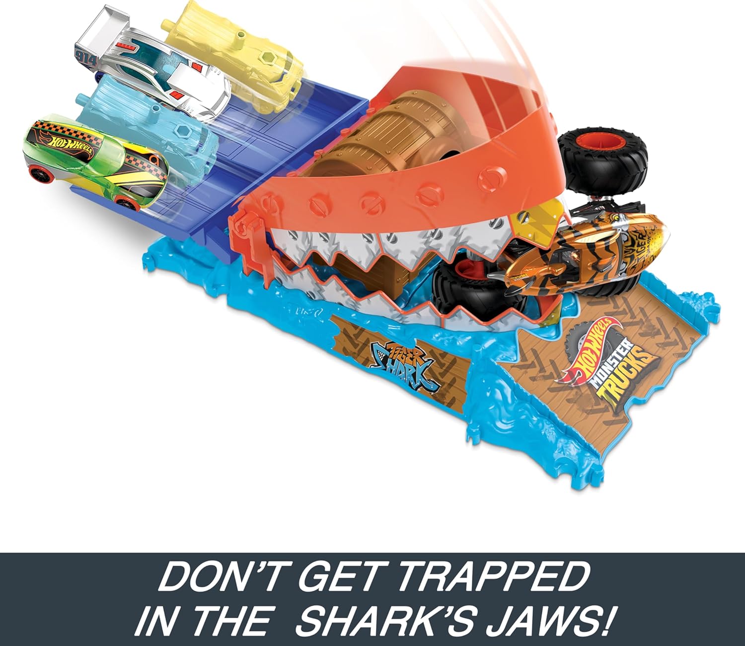 Hot Wheels Monster Trucks Arena Smashers Playset showing the Tiger Shark monster truck caught in the shark's jaws