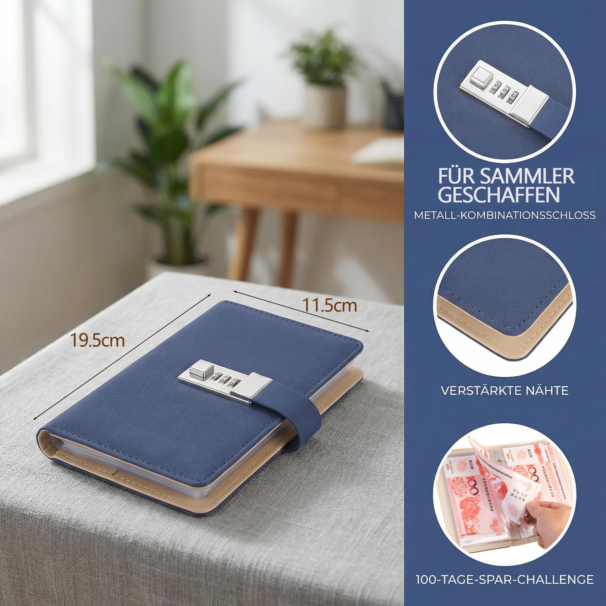 Classeur Budget A6 avec Serrure à Code, Pochette PVC 100, Planner Français, Petit Carnet en Pu Cuir, Password Pochette Monnaie Organisateur Bleu