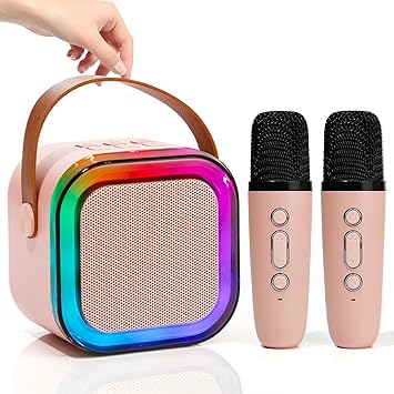 Mini Karaoke Speaker with 2 Wireless Microphones,Voice Effects,Led Lights, Portable Singing Machine for Ages 3,4,5,6,7,8,9,10,11,12+ Years Old Girl Birthday Gift, Kids Karaoke Machine (Pink)