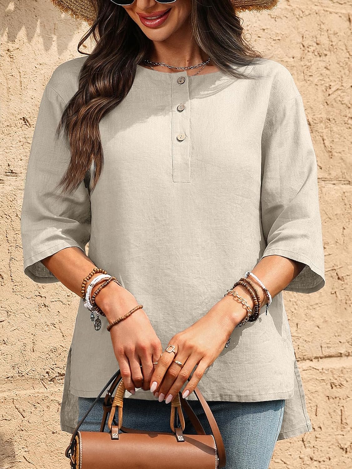 Women's Linen Henley Shirts 100% Linen Elbow Sleeve Crew Neck Slit Hem Tunics Blouse Top - Image 4