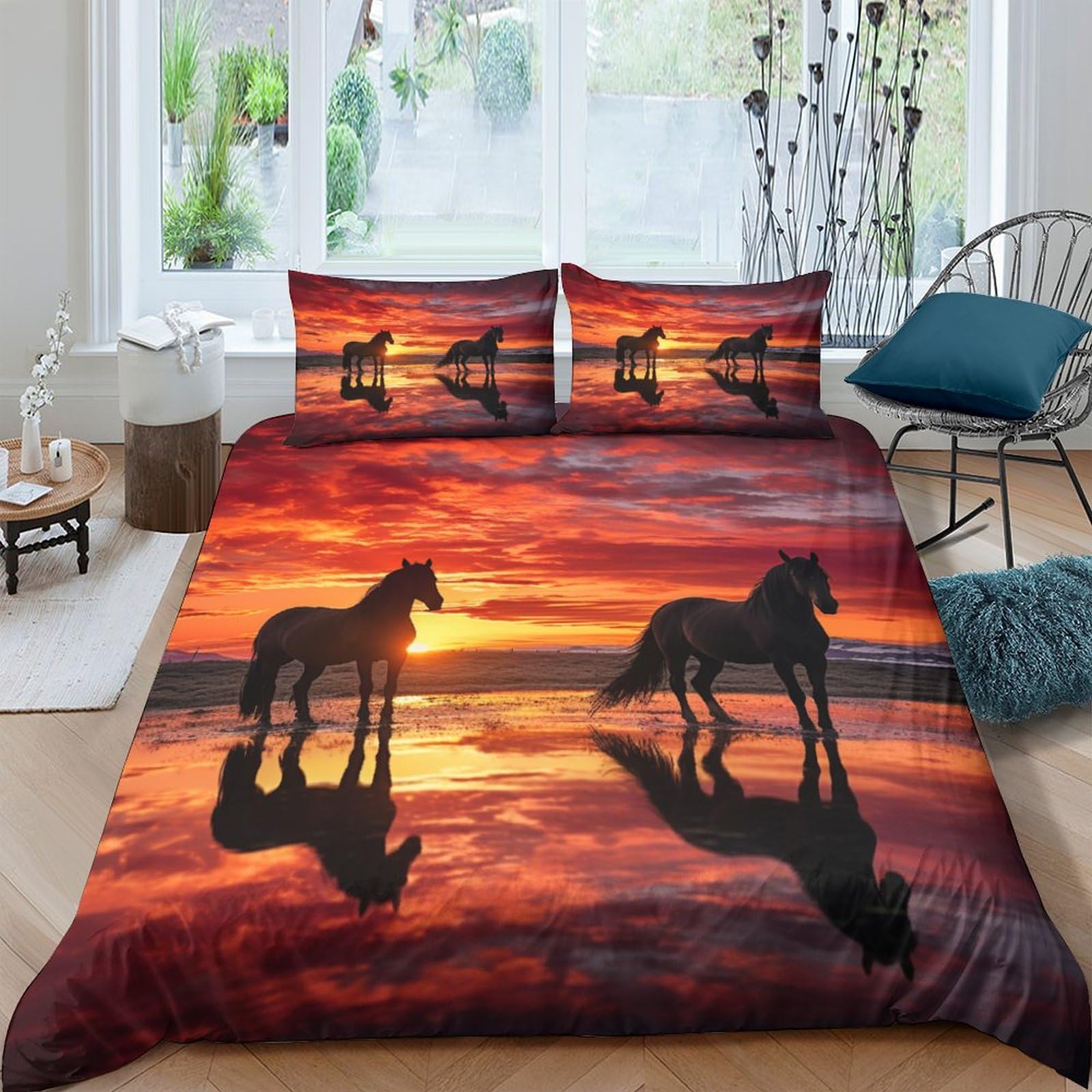 Horses Duvet Cover Set Bedding 3D Print Set Microfiber Fire Cloud Quilt Cover with Zipper Closure Comforter Cover with Pillowcases for Kids Teens Adults Double（200x200cm）