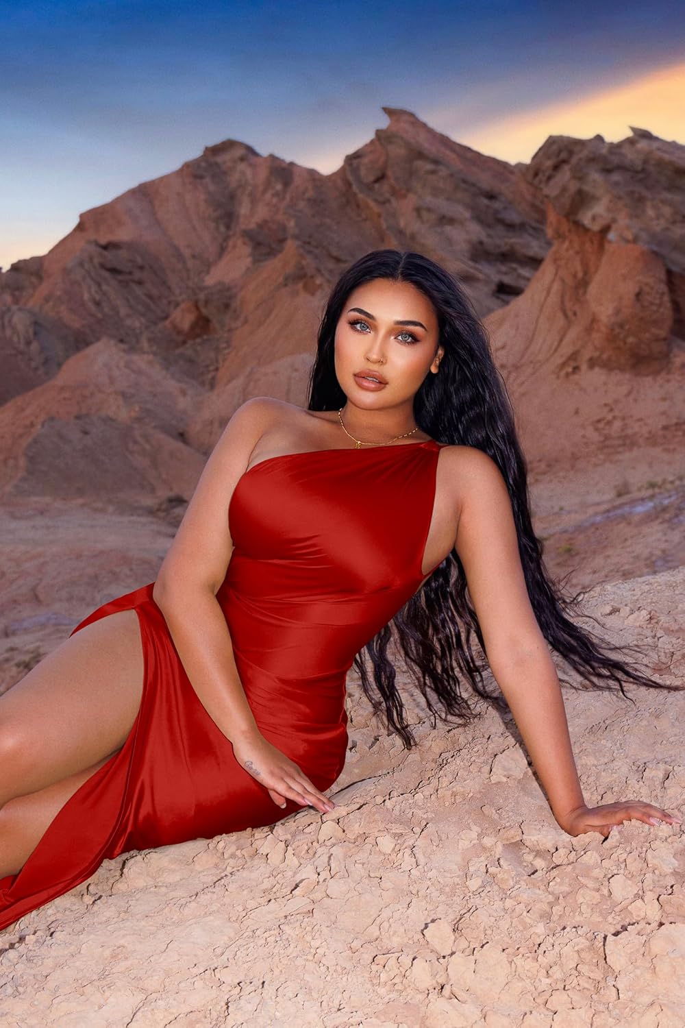 Memoriesea Women's Plus Size Satin Sexy One Shoulder High Split Cocktail Wedding Party Maxi Dress - Image 4