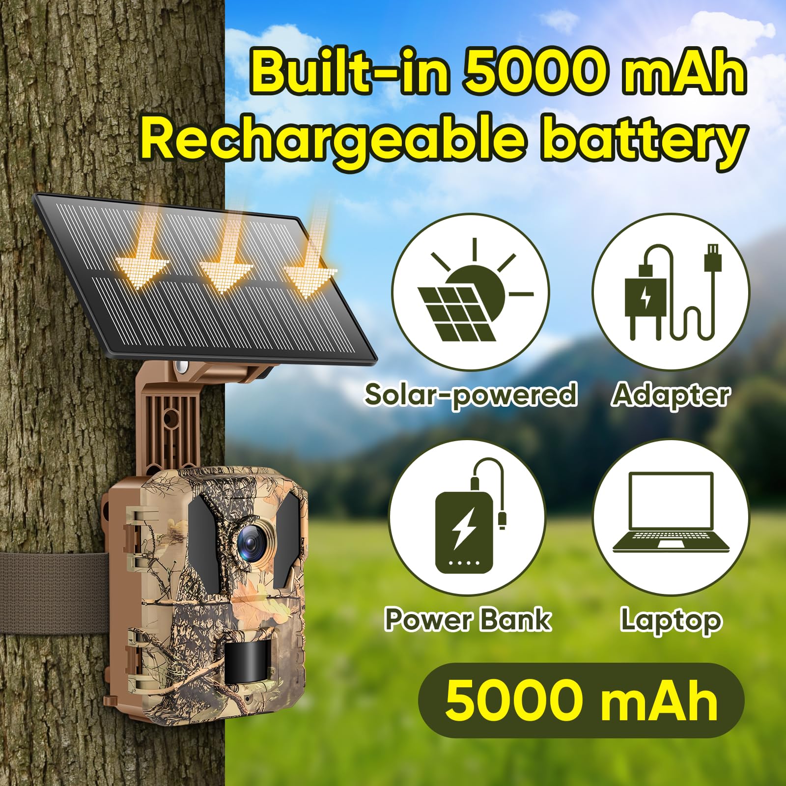 MYPIN Cámara de Caza 4K 64MP Solar con WiFi, Visión Nocturna, Batería 5000mAh Incorporada, IP66 Resistente al Agua, Activación por Movimiento, Incluye Tarjeta de Memoria de 64GB
