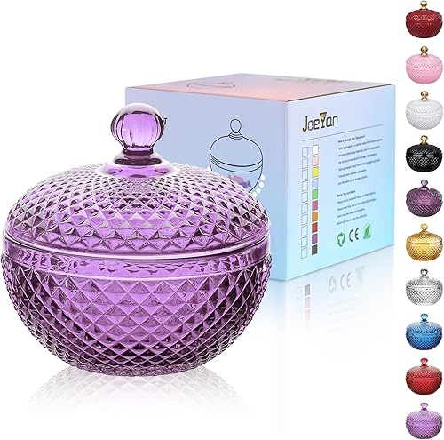 Miniatura 8 de Joeyan Tarros pequeños de vidrio transparente de 12 onzas con tapa, platos de caramelo de vidrio en relieve, contenedor de alimentos facetado de