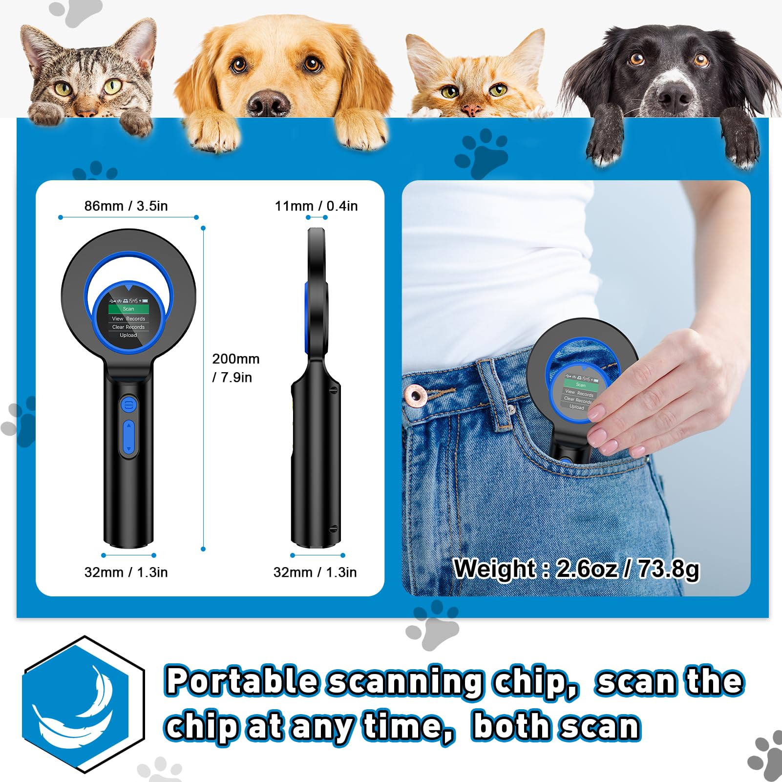 Microchip Scanner Pet Handheld Animal Chip Reader Portable RFID