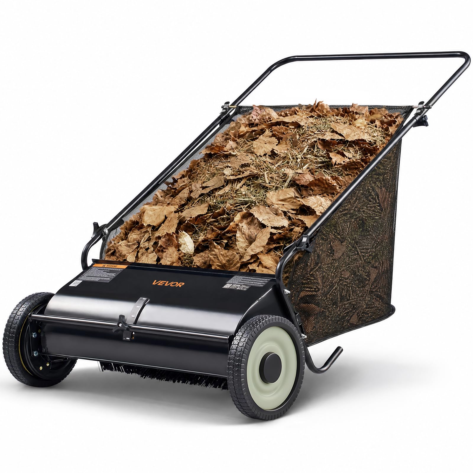 VEVOR Barredora de Césped 198L Cortacésped Manual con Bolsa recolectora Ancho de Barrido 66cm Cepillo Giratorio Altura Ajustable Ruedas 25,4 cm para Césped Hojas de Jardín Escombros Secos 142x81x75 cm