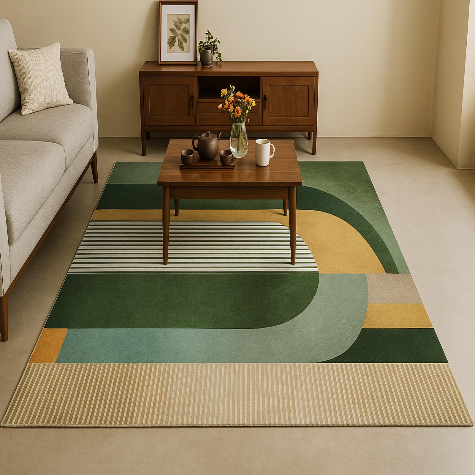 Tapis de décoration,180 x 200 cm, Vert rétro, Jaune Moutarde, Vert Sauge, Beige, Blanc, Tapis Chambre, Salle de séjour, Salle à Manger, Rug for Living Room