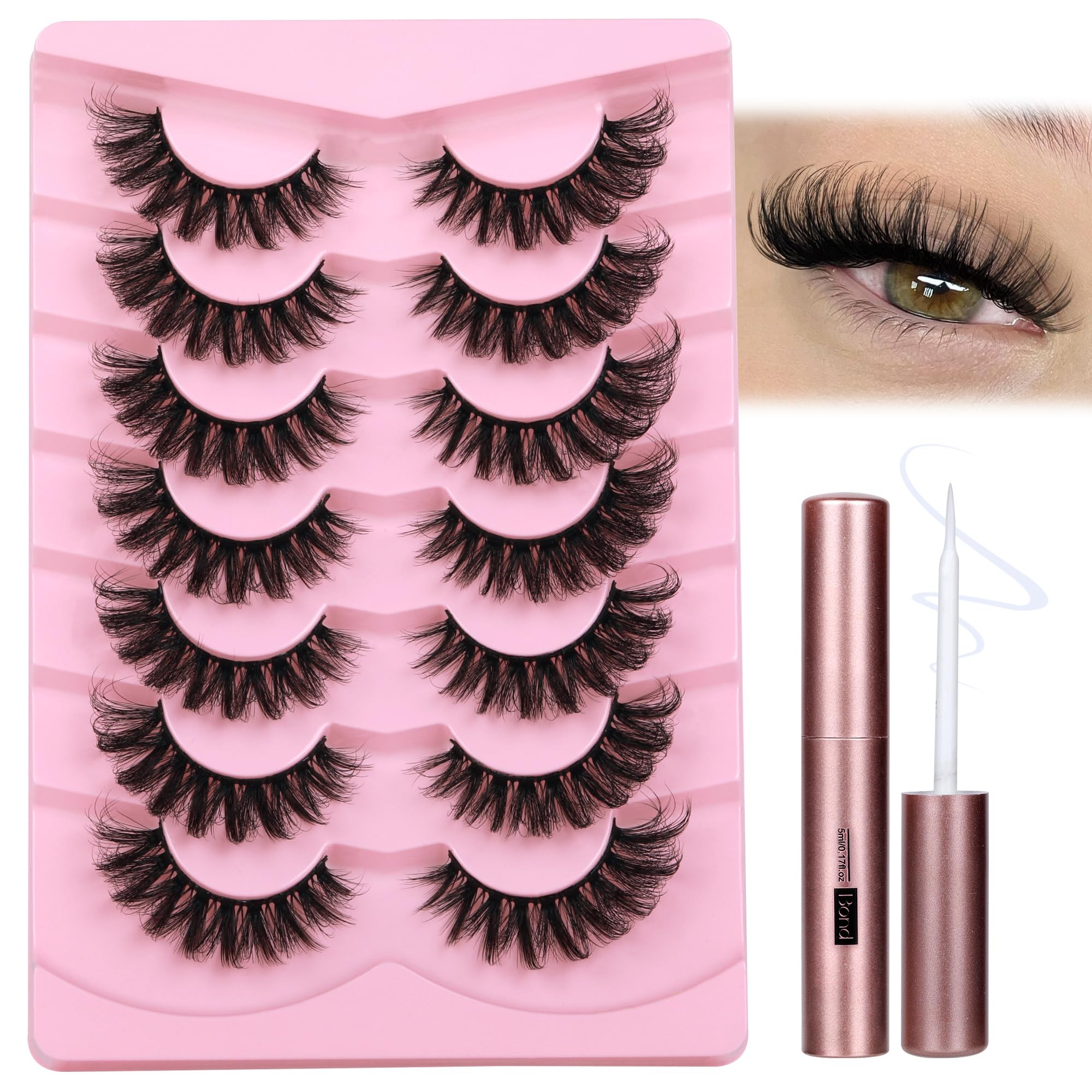 JIMIRE Cat Eye Lashes with Glue Wispy False Eyelashes with Eyelash Glue Kit Russian Strip Lashes D Curl Mink Lashes Fluffy 7 Pairs Pack