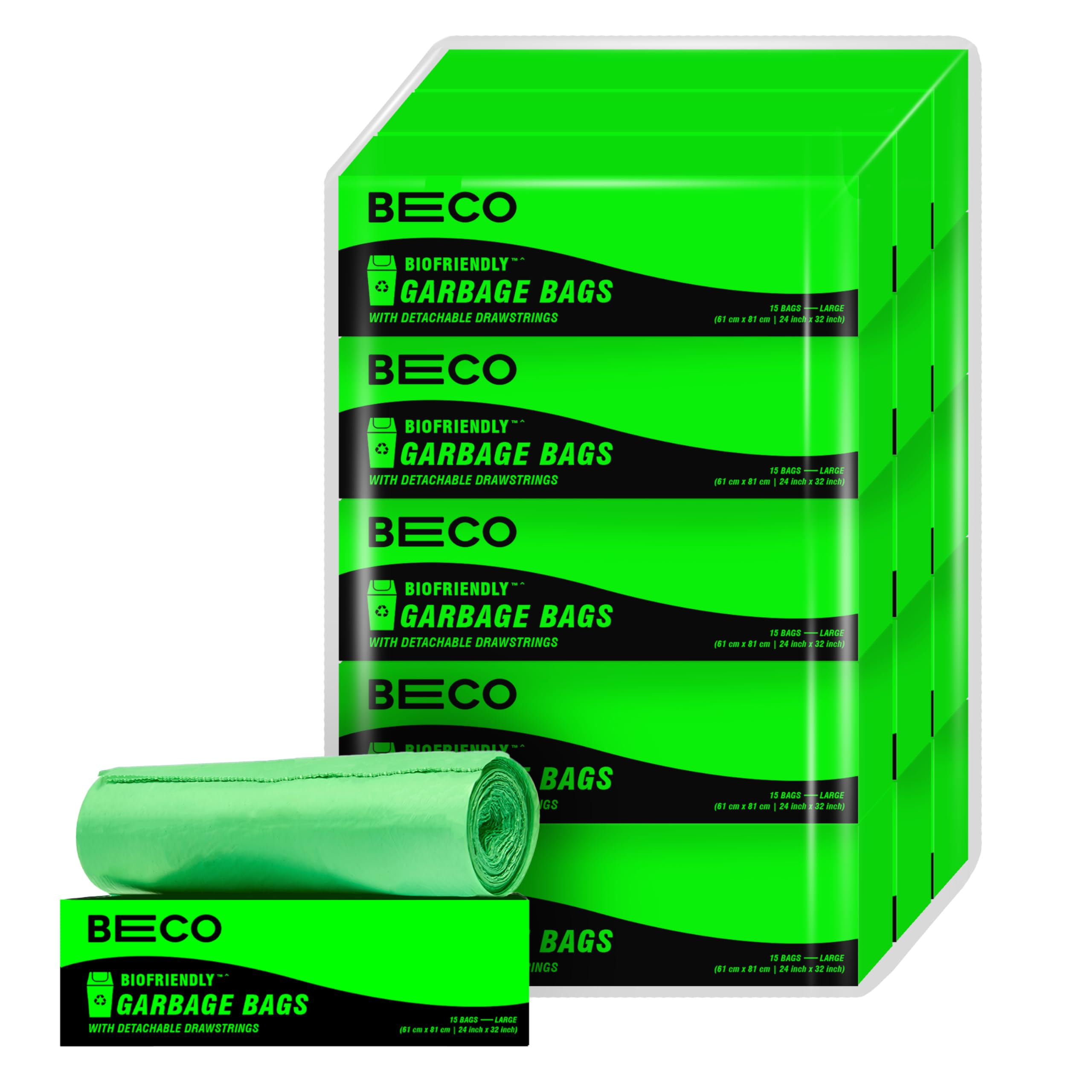 Beco Eco-Friendly Garbage Bags | 225 Pcs | Large- 24 x 32 Inches | 15 Bags x 15 Rolls | Green | Dustbin/Trash Bags with Detachable Drawstrings | For Dry & Wet waste