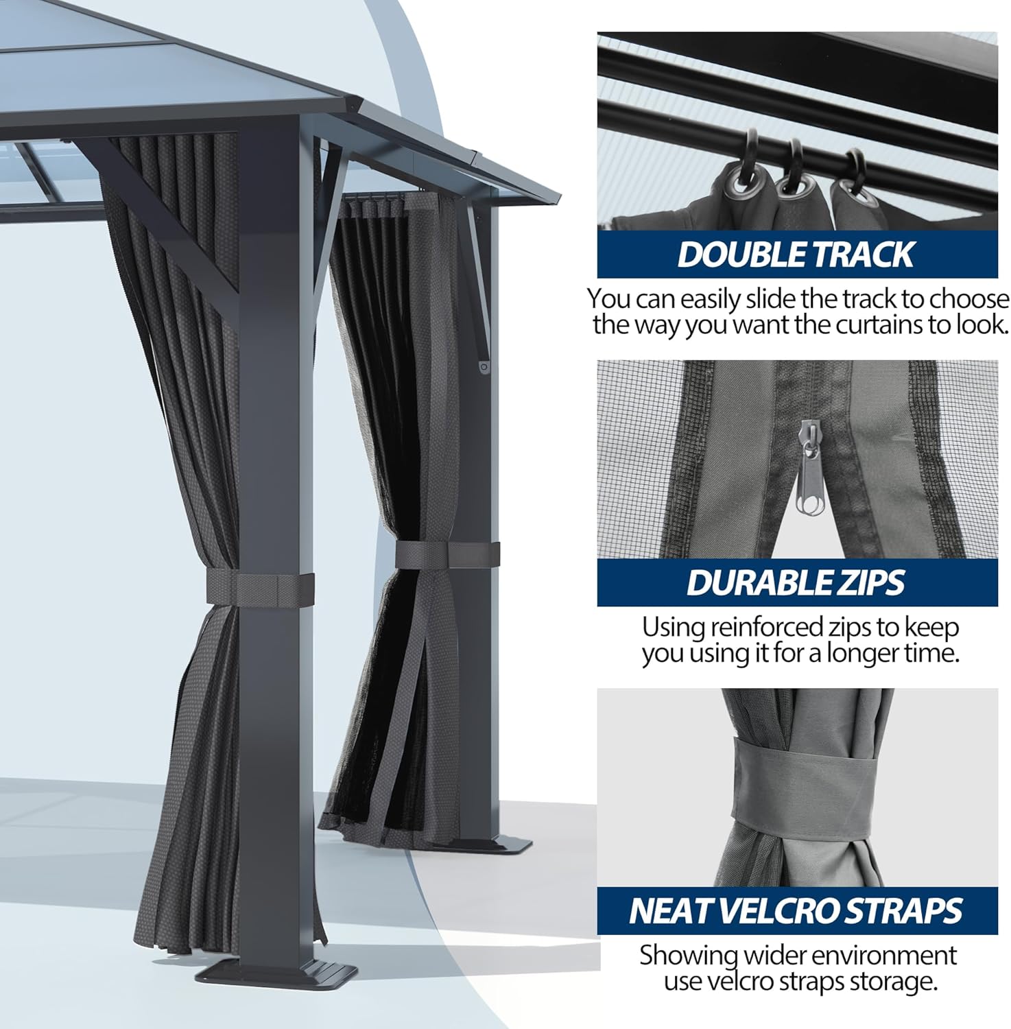 Close-up images of the gazebo's sturdy steel triangle structure and robust footrest bracket with pre-drilled holes for anchoring.