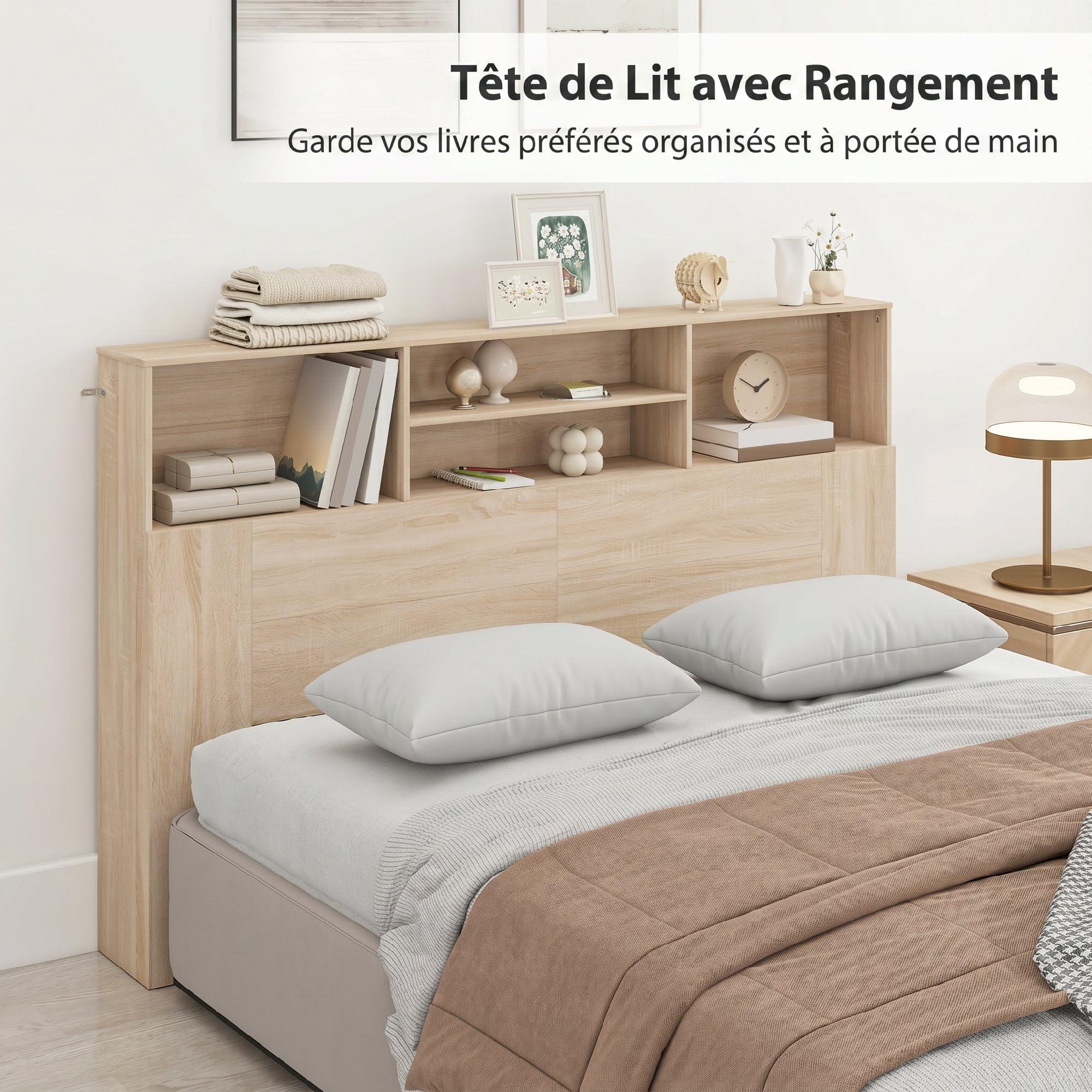 HOMCOM Tête de lit sur Pied 160 cm avec rangements, Accessoire de lit Moderne avec 4 Compartiments Ouverts pour Chambre, 160 x 20,2 x 108,2 cm, Bois Naturel