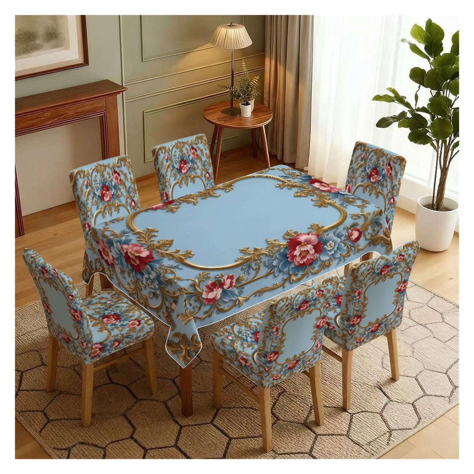 KXUAUV Stretch Dining Chair Slipcovers And Tablecloth Set, Vintage Blue Luxurious Golden Floral Print, 5/7 Pack For Dining Room Kitchen Home Decor Party Decor(7pcs Set: Tablecloth+Chair Covers)