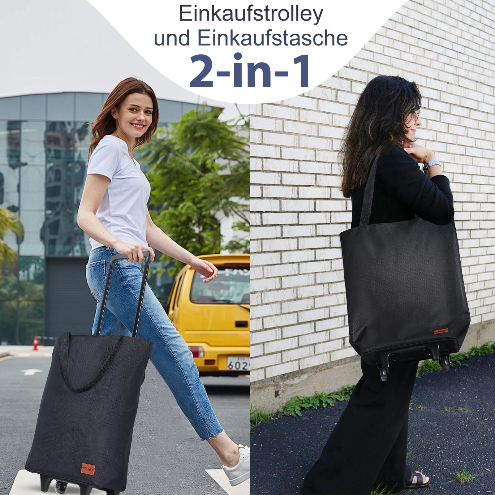 MOONCY 2-in-1 Einkaufstrolley, 30L Große Einkaufstasche auf Rollen, Leichter Einkaufswagen Klappbar für Camping und Reisen, Inklusive Einkaufswagenlöser, Schwarz