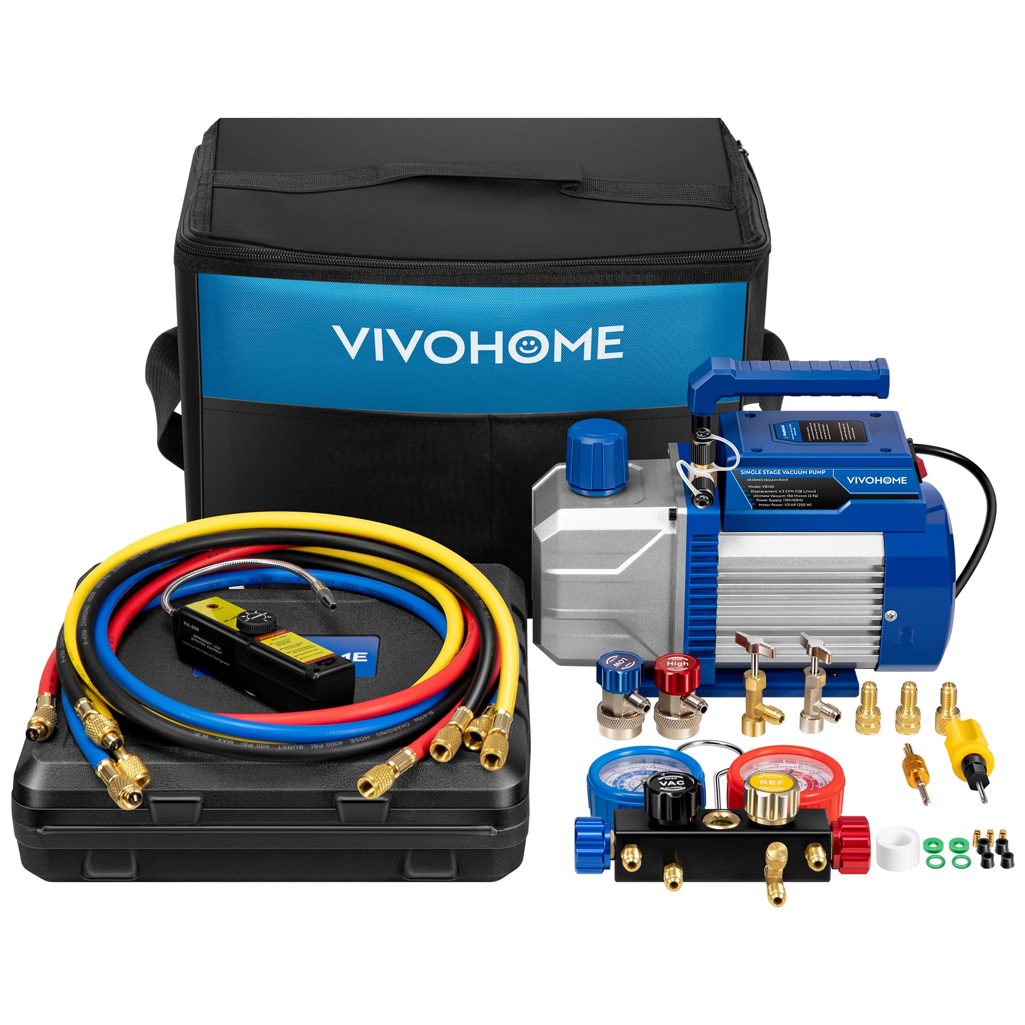 VIVOHOME 110V 1/3 HP 4.5CFM Single Stage HVAC Vacuum Pump and 4 Way AC Manifold Gauge Set Kit with Leak Detector 5ft Hoses for R134a R12 R22 R502 R410a Air Conditioning Refrigeration Recharging