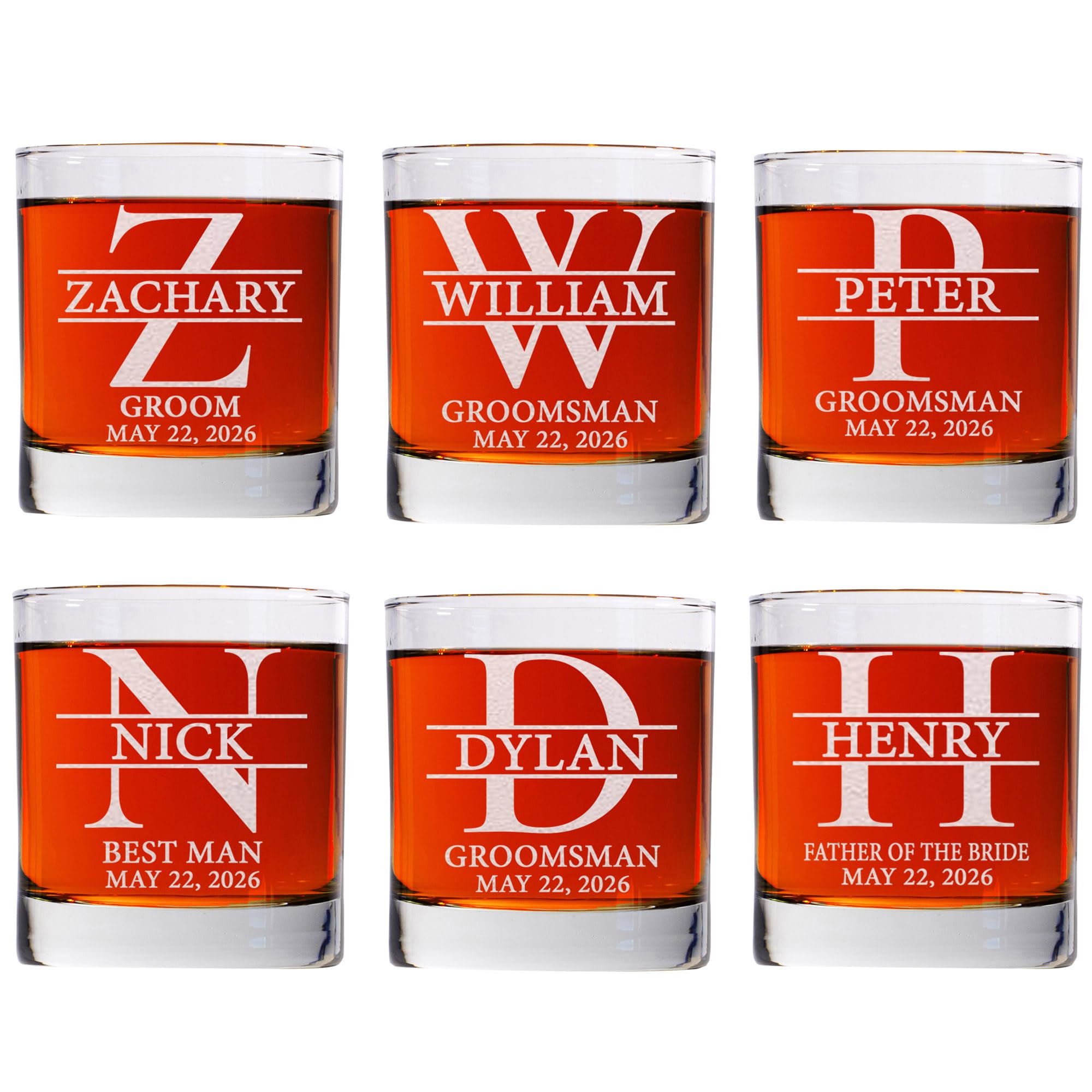 Set Of 6, Personalized Whiskey Glass For Groomsman Gifts, Best Man, Groom, 11oz Old Fashioned Custom Monogrammed Whiskey Glass