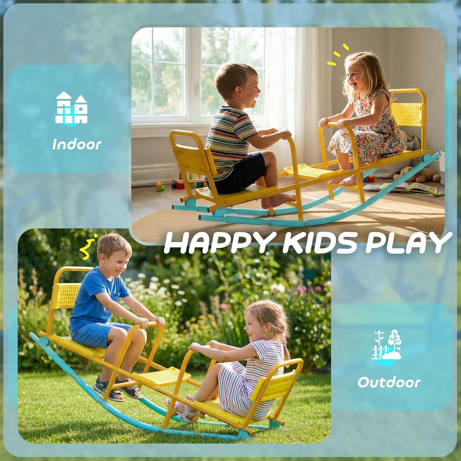 Qaba Teeter Totter Seesaw for Kids, 2 in 1 Metal Rocking Seesaw for Toddlers Age 3-8, 2 Seater Playground Equipment with Easy-Grip Handles for Backyard Indoor Outdoor, Yellow