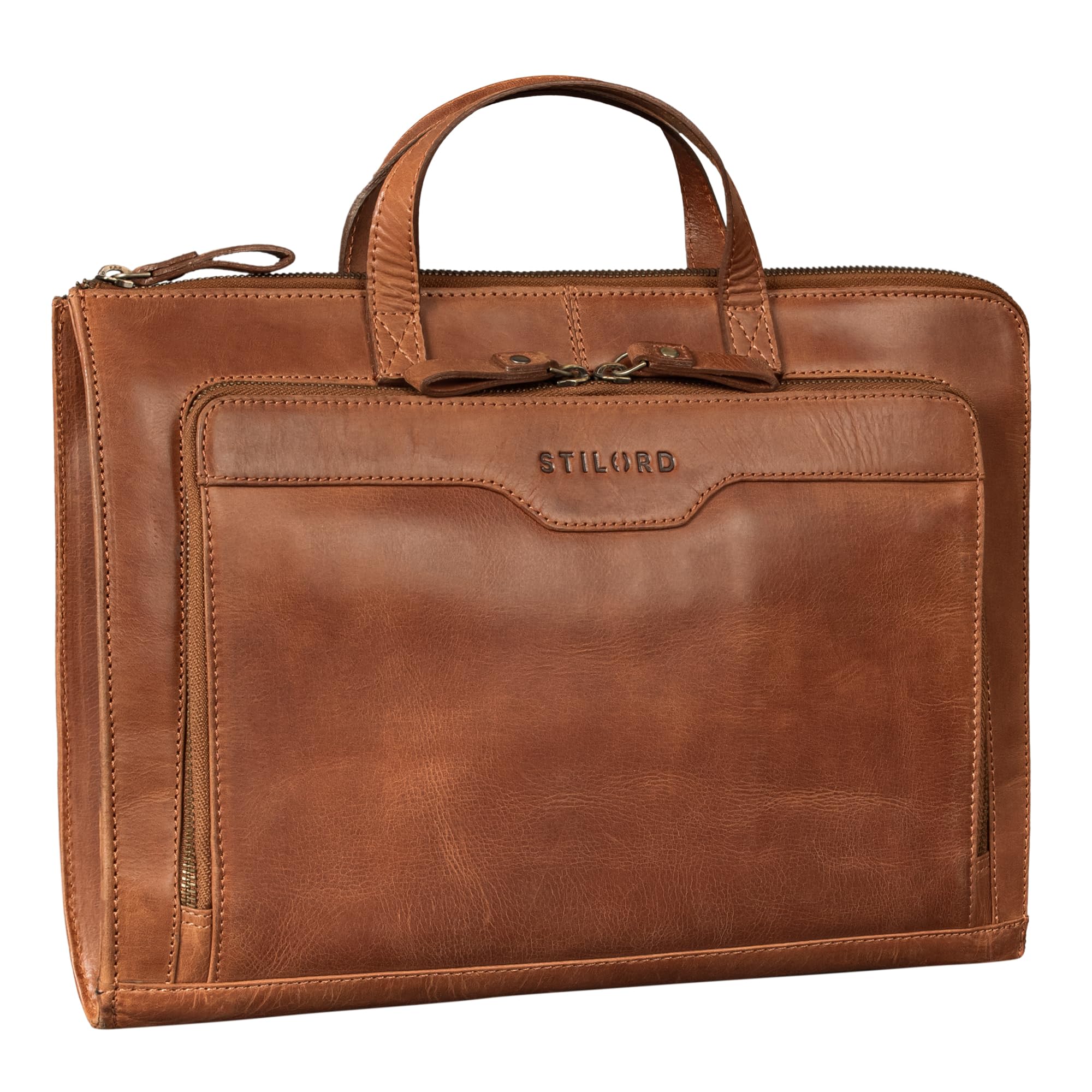 STILORD Silvano Echtleder Laptop Sleeve 13,3 Zoll Vintage Laptop Hülle Schmal Leder Reißverschluss Büro Aktentasche A4 mit Fächern Notebook Schutzhülle für Damen und Herren Farbe:Andorra - braun