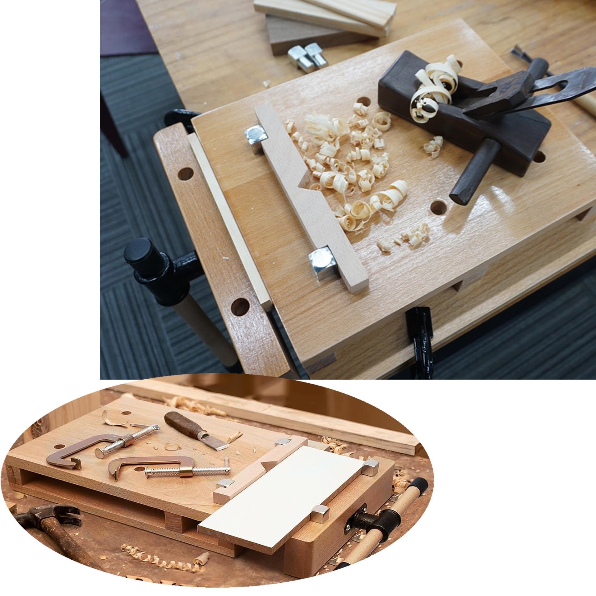 Tragbare Werkbank aus Holz mit Klemmschraubstock und Zubehör für Holzbearbeitungs- und Gravuraufgaben