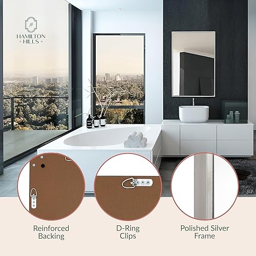 Miniatura 4 de Hamilton Hills Espejo de pared con marco de metal plateado pulido de 24 x 36 pulgadas Espejos de pared rectangulares grandes para baño Marco