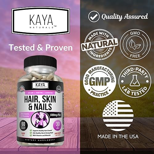 Miniatura 4 de Kaya Naturals Cápsulas de uñas BIOTIN Vitamina D Vitamina B-12 A Apoyo de ácido fólico, Suplemento vitamínico de apoyo para el cabello