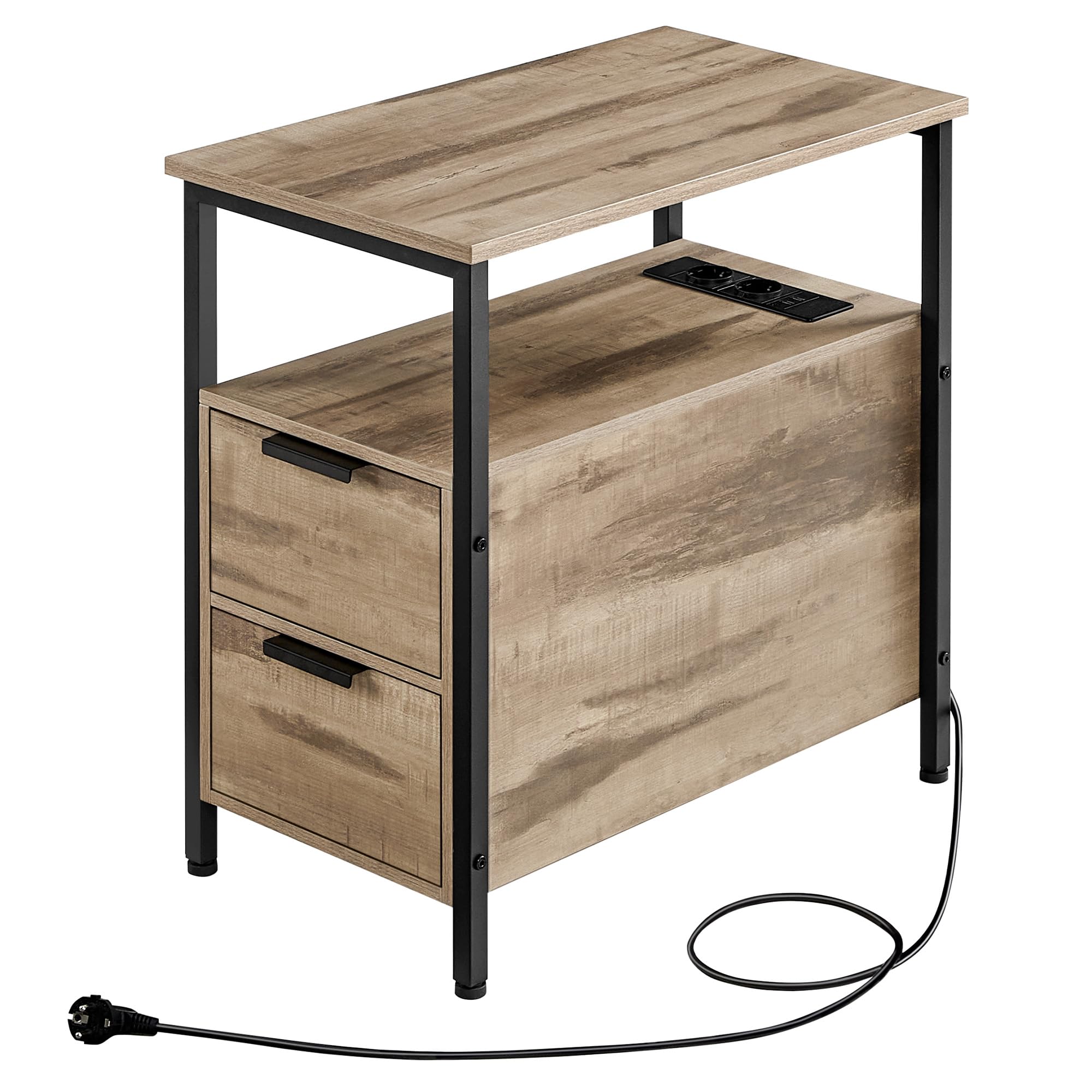 VASAGLE Bijzettafel met meervoudige contactdoos, set van 2, smalle zijtafel met USB-poorten, zakje, nachtkastje, voor woonkamer, slaapkamer, rustiek bruin en zwart LCT647B01