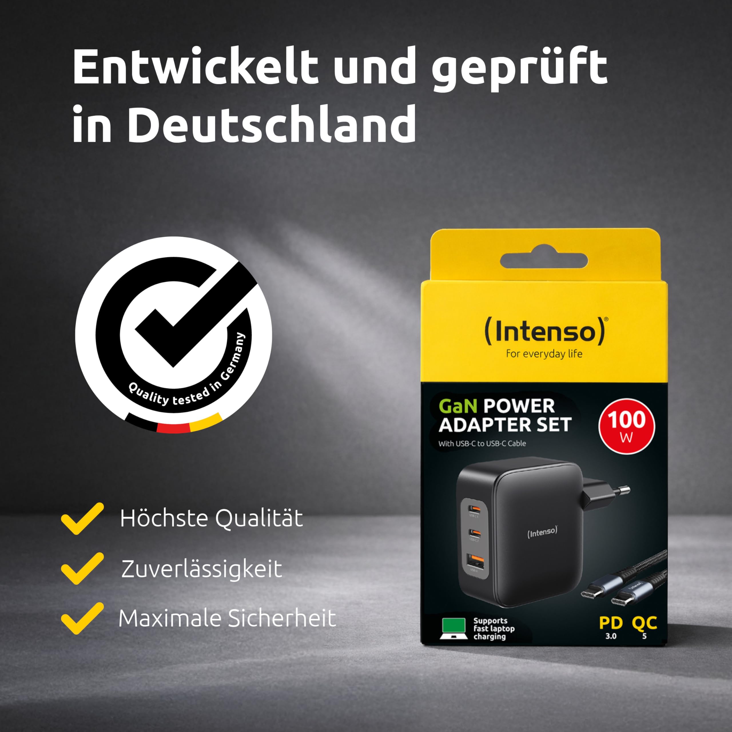 Intenso 100W GaN Schnellladegerät mit USB-C Kabel 2m – 3-Port Netzteil (2X USB-C, 1x USB-A), PD 3.1, PPS & QC 5.0 Fast Charger für MacBook, Laptop, iPhone 16/15, Samsung Galaxy, iPad, Schwarz