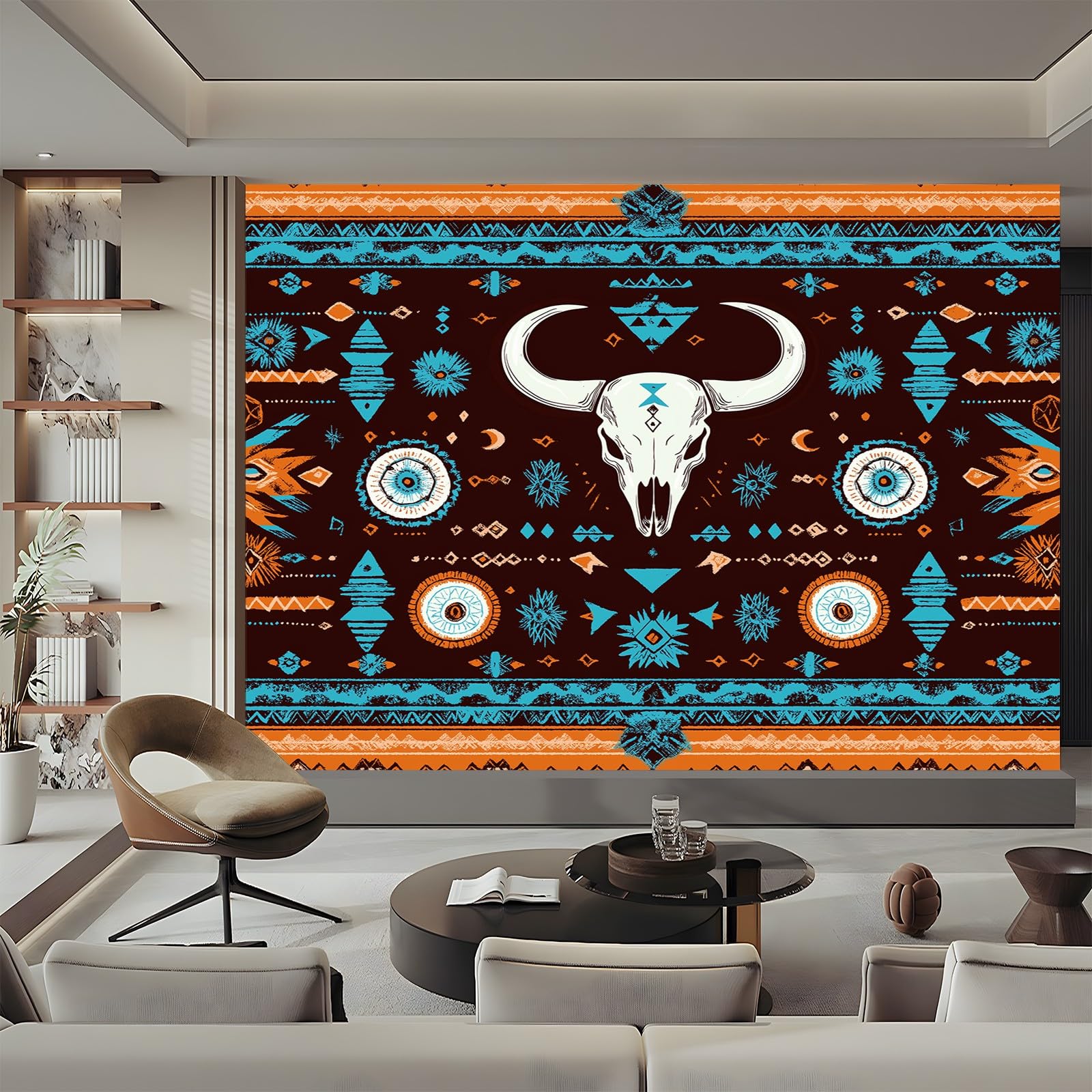 Panoramiczna tapeta boho plemienna czaszka pomarańczowa niebieska 200 x 140 cm (szer. x wys.), panoramiczna gigantyczna tapeta 3D salon sypialnia jadalnia pokój dziecięcy dekoracje ścienne z włókniny