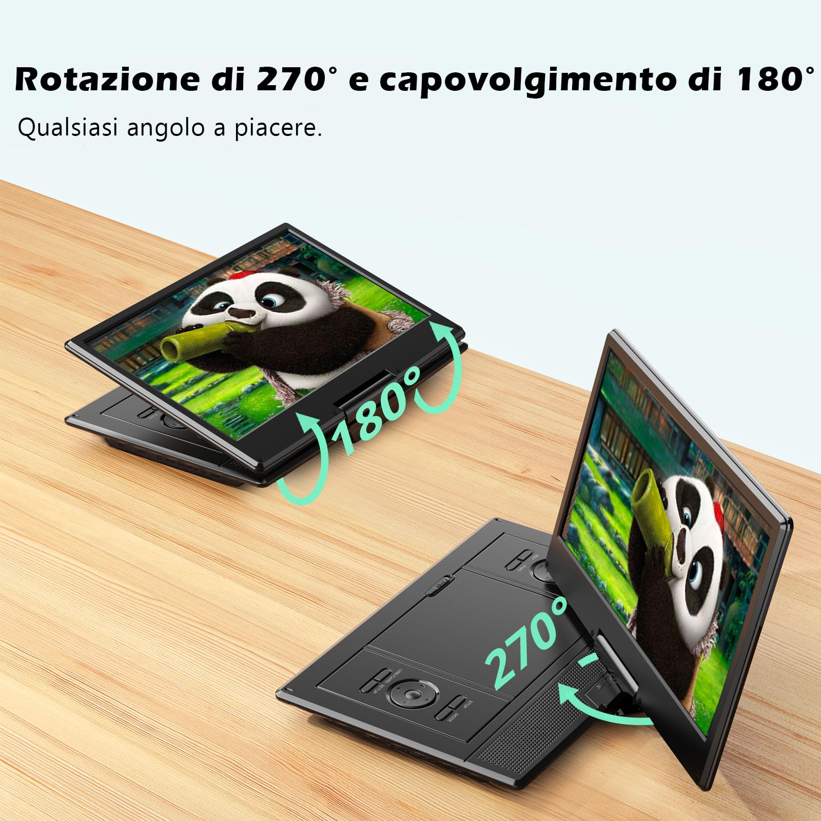 YOTON Lettore DVD portatile da 16.9" con schermo girevole HD da 14.1", con 1.8m Caricatore per Auto, Funzione di riproduzione memoria, supporto USB/SD [Blu-ray non supportato]