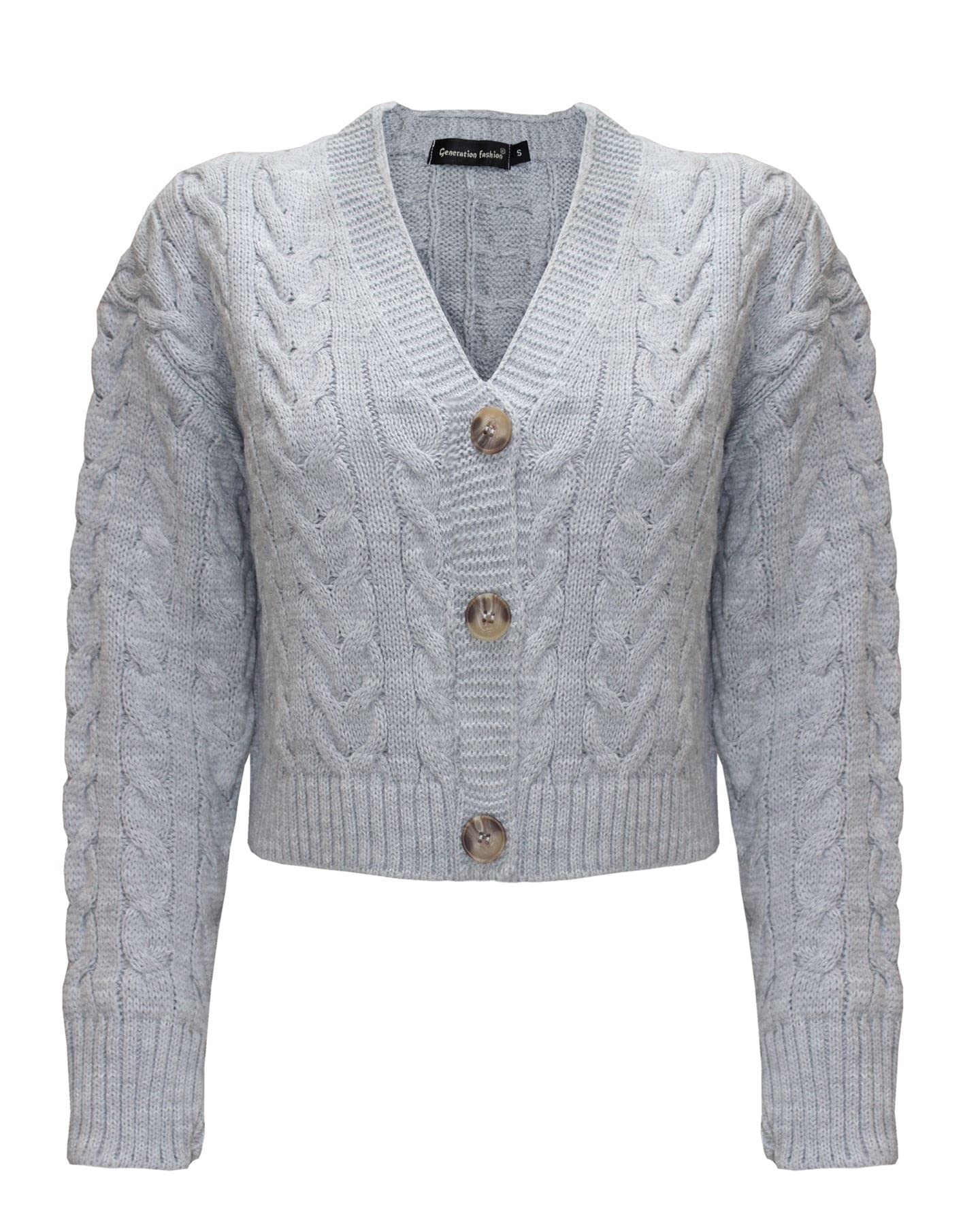 Top Vendor Women's Grey New Cable Knit Crop Cardigan Dress Sweater Top Knitted Long Sleeve V-Neck 3 Buttons[,L]
