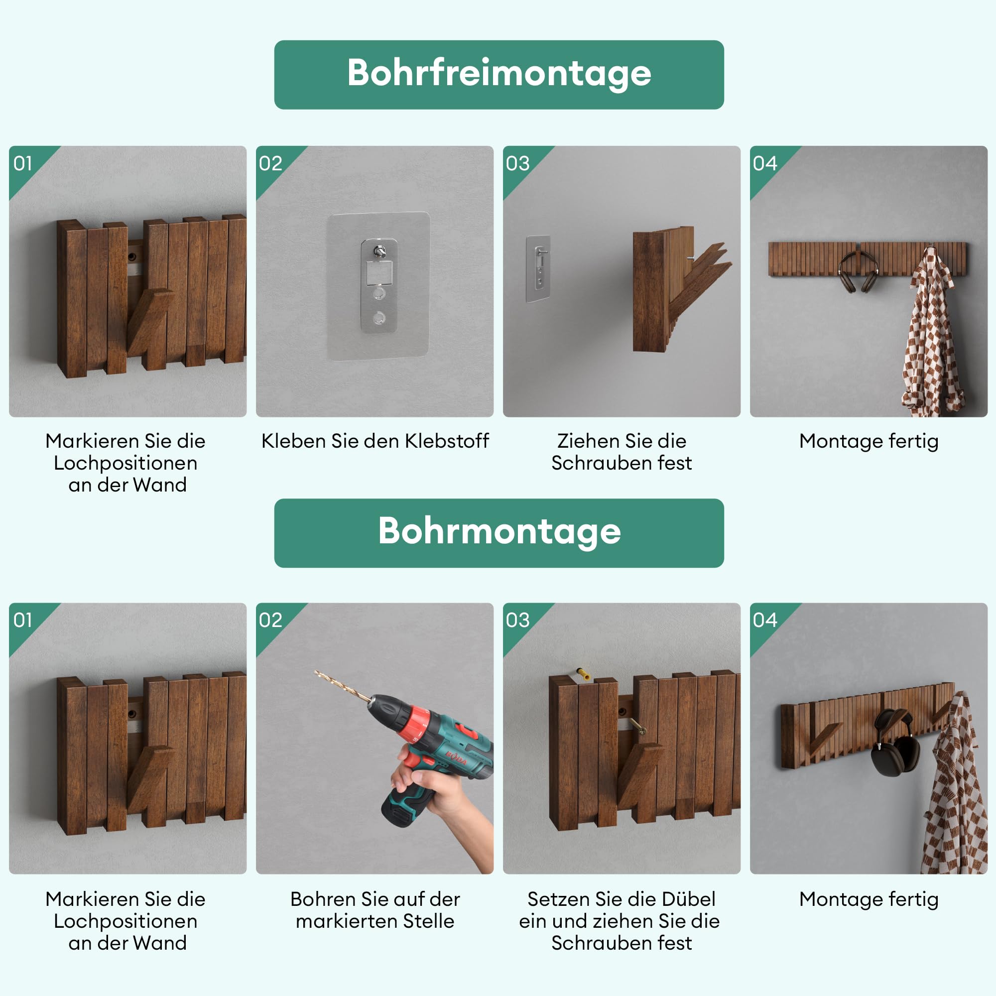Mai & Mai Perchero Pared Madera con 14 Ganchos, 55cm, Nogal, Twigro-01