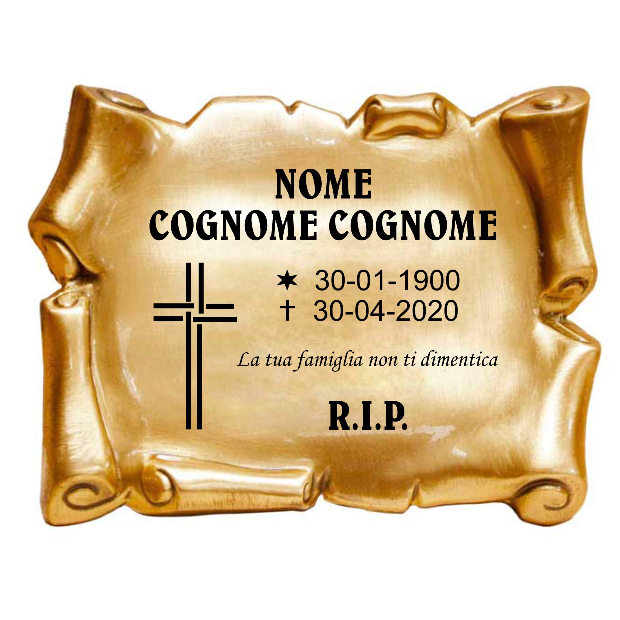 Placa Grabada para Cementerio | Pergamino con Relieve y diseño Cruz | Placa Conmemorativa de Latón con Acabado en Bronce | Tamaño 20 x 15 cm