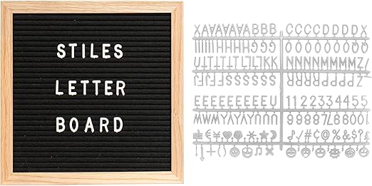 Stiles 10"x10" Felt Letter Board Sign Set, With 340 Plastic Letters, Numbers, and Symbols, Changeable Wooden Message Board for Menu, Milestones, or Baby Announcement Sign, Black