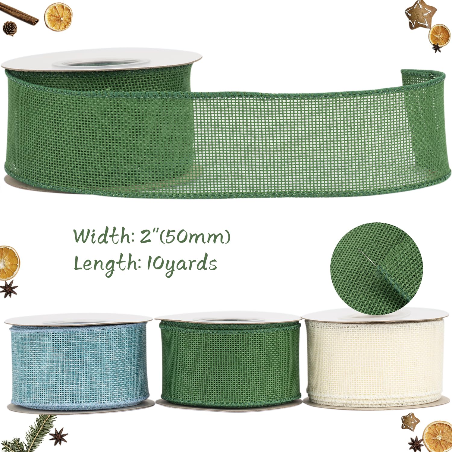 Tekdeere Burlap Ribbon 50mm x 9 Meters, Emerald Green Wired Ribbon for Crafts, Gift Wrapping, Wreaths, Bows, Tree Decoration and Outdoor Decoration - Image 2