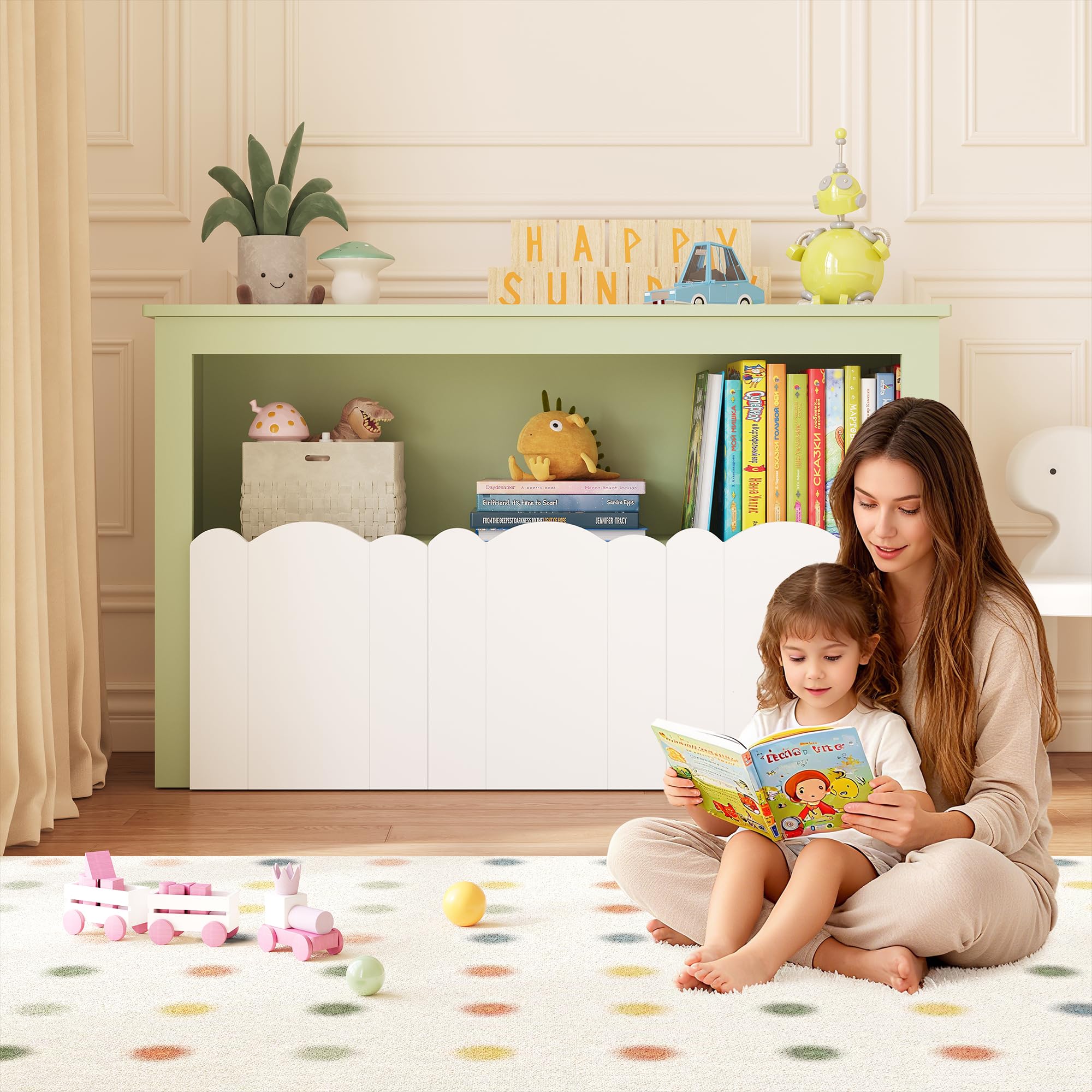 YOUDENOVA Estantería para niños, muebles para habitación infantil con 3 cajas, almacenamiento de juguetes con ruedas, 102,2 x 33 x 61,5 cm, almacenamiento para habitación infantil para libros de