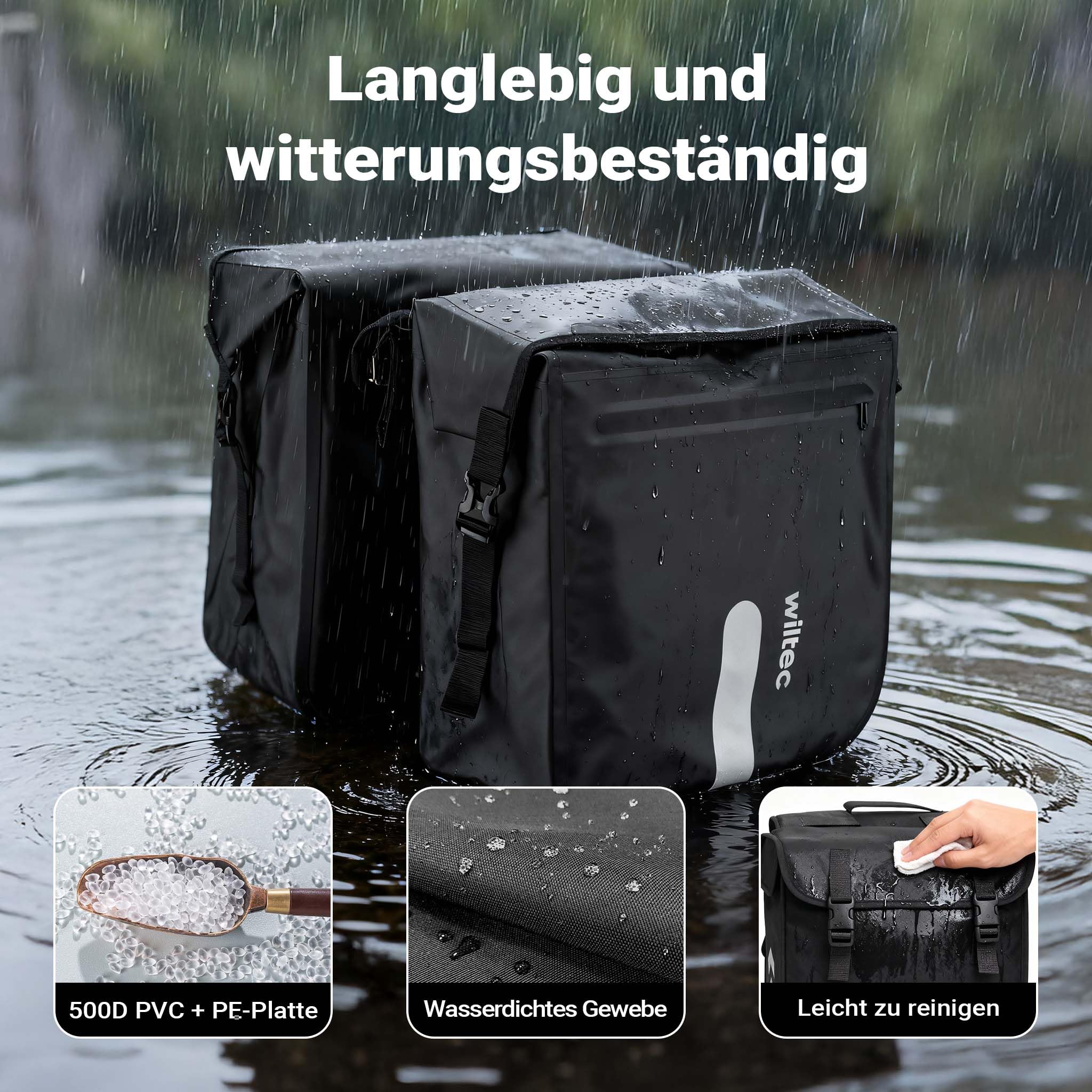 Wiltec Borsa doppia per portapacchi 37 x 16 x 51 cm, borse bici posteriori con 46 l di spazio, borse posteriori bici impermeabili, borsa da viaggio per bicicletta con tasche laterali