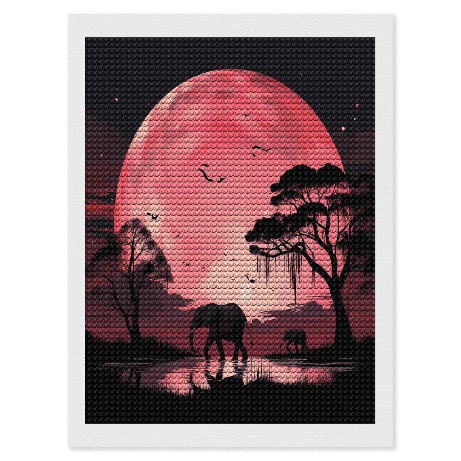 JTREHY Pink Moon Elephant Diamond Art Kits Personalized DIY Round Diamond Painting Kits for Beginner Full Drill Diamonds Dots Paintings for Adults Gem Art Crafts Home Decor