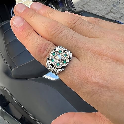 Miniatura 7 de Men Handmade Emerald Stone Ring, Rotating Split Ring, Micro Stone Ring, Ottoman Style Silver Ring, 925k Sterling Silver Ring