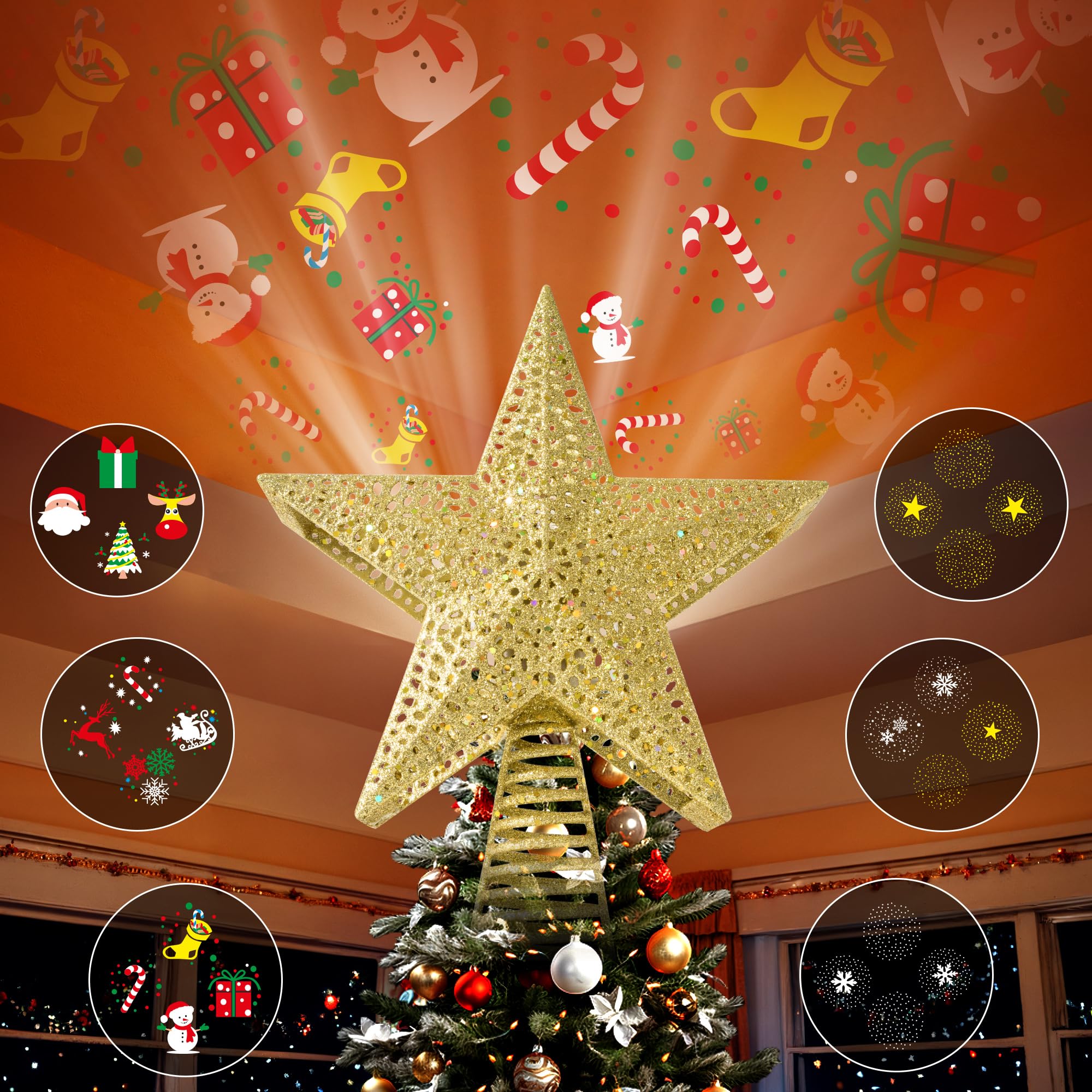 christmas tree topper large star lights with 6 projected patterns, 3d glitter hollow projector, built-in led rotating sparkling projector for party holiday decor xmas decorations gifts (gold)