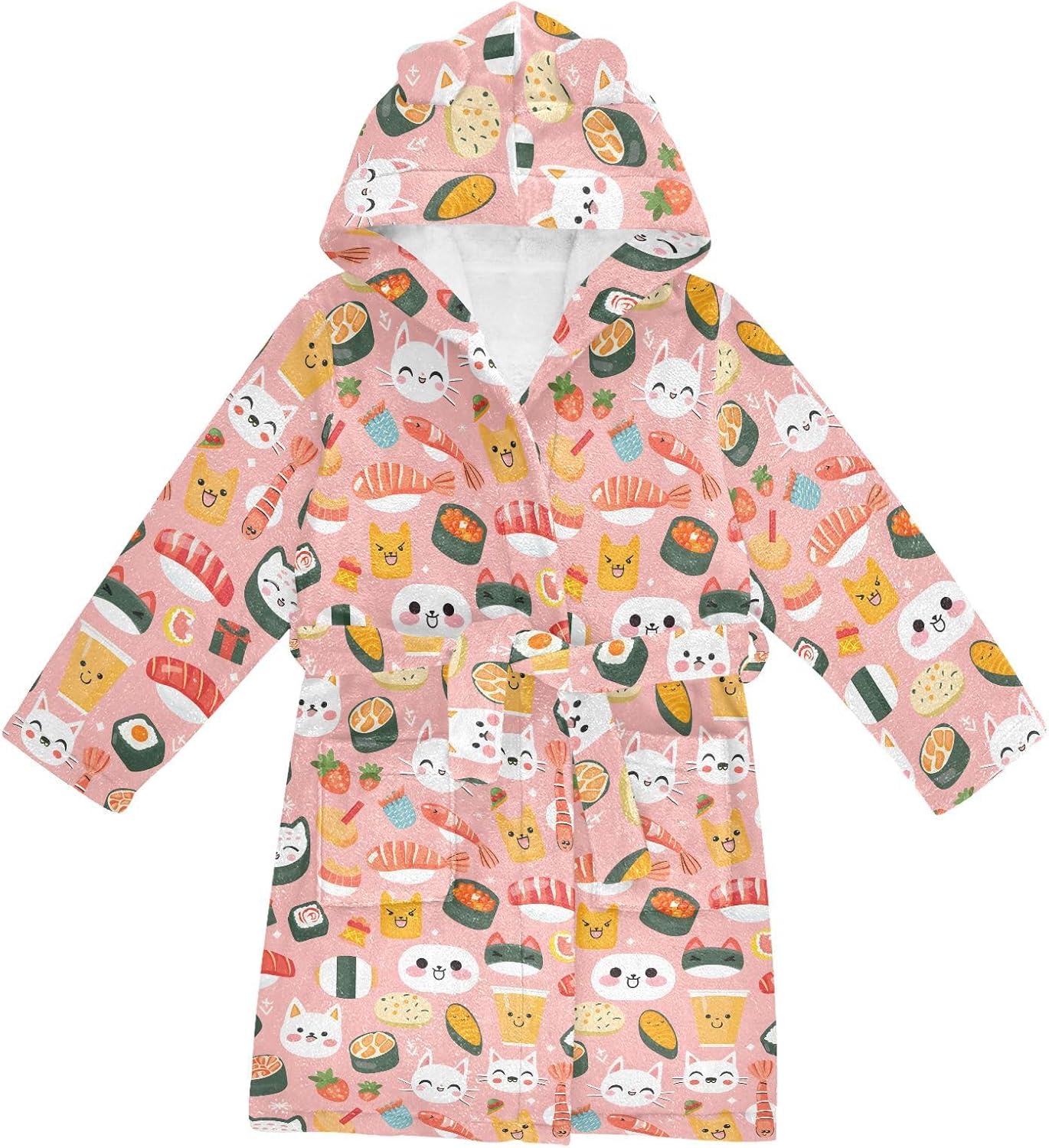 senya Cat Sushi Toddler Hooded Bathrobe Kids Soft Plush Bath Towel Robes for Boys Girls 2-12 Years