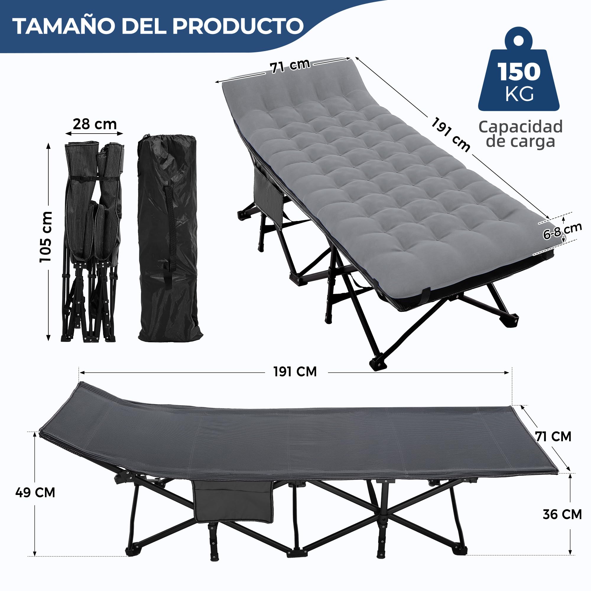 Palawano Cama de Camping Plegable para Adultos con Colchón, 190 x 71 cm, Cama Portátil de Acero con Tela Oxford 600D, con Bolsa de Transporte para Camping, Viaje, Invitados y Oficina