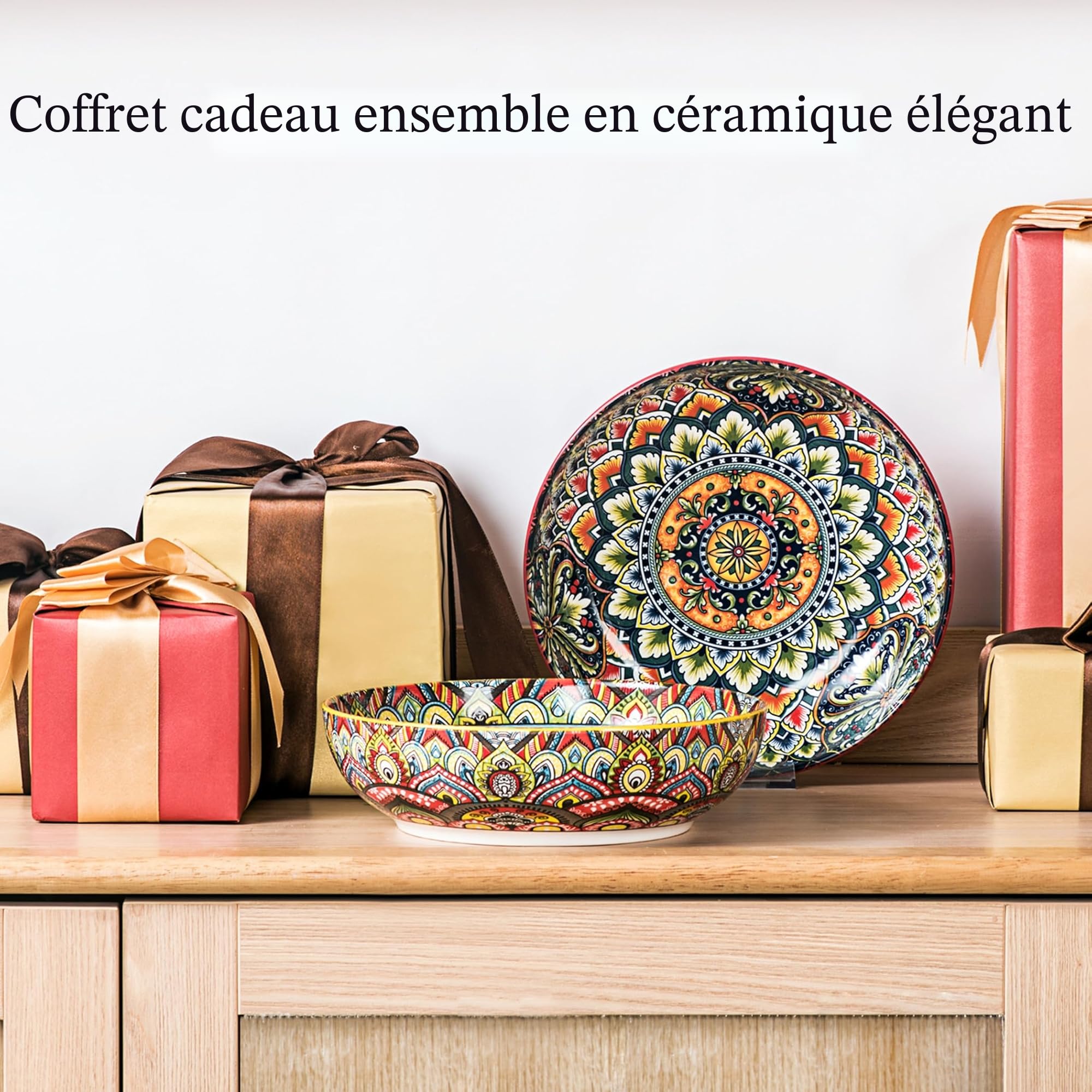 Henten Home Assiettes Creuses, Bols à Pâtes, Assiettes à Pâtes Colorées 1500 ml, Saladiers/Grands Bols pour Pâtes/Salad/Soup - Style Bohème