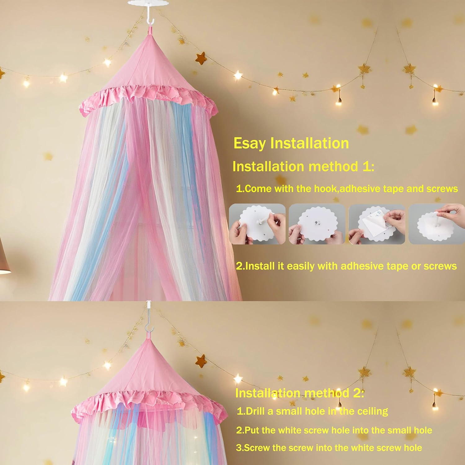 Pink Rainbow Bed Canopy Twin Size Breathable Canopy Bed Curtain for Bed,Princess Play Tent for Girls Bedroom Decoration Reading Nook