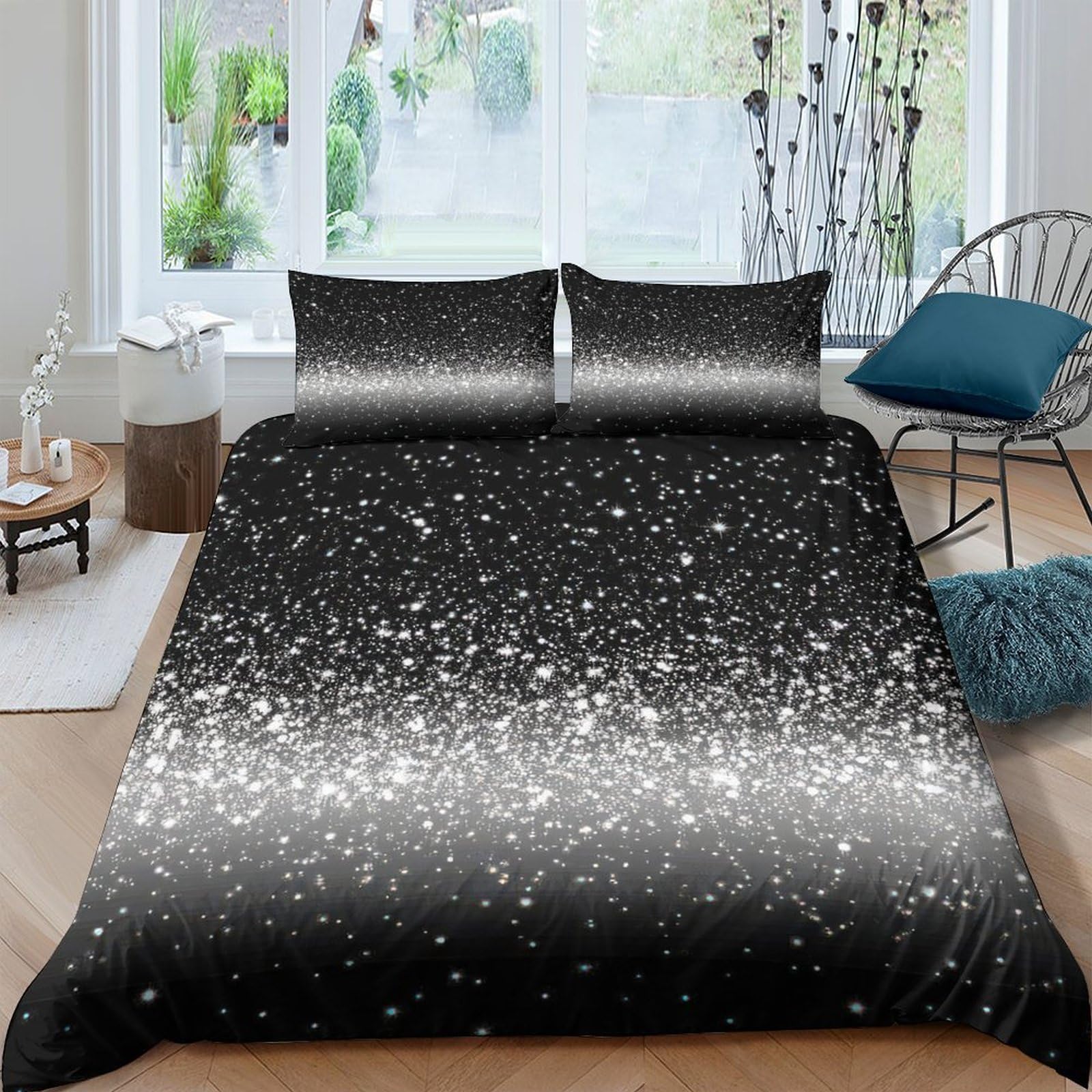 Ctjqhvkz Style-3 3D Printed Black Gradient Sparkle Fitted Sheet Microfiber Soft Bed Cover For Bedroom Guest Room Dustproof Easy Care Single（135X200cm）