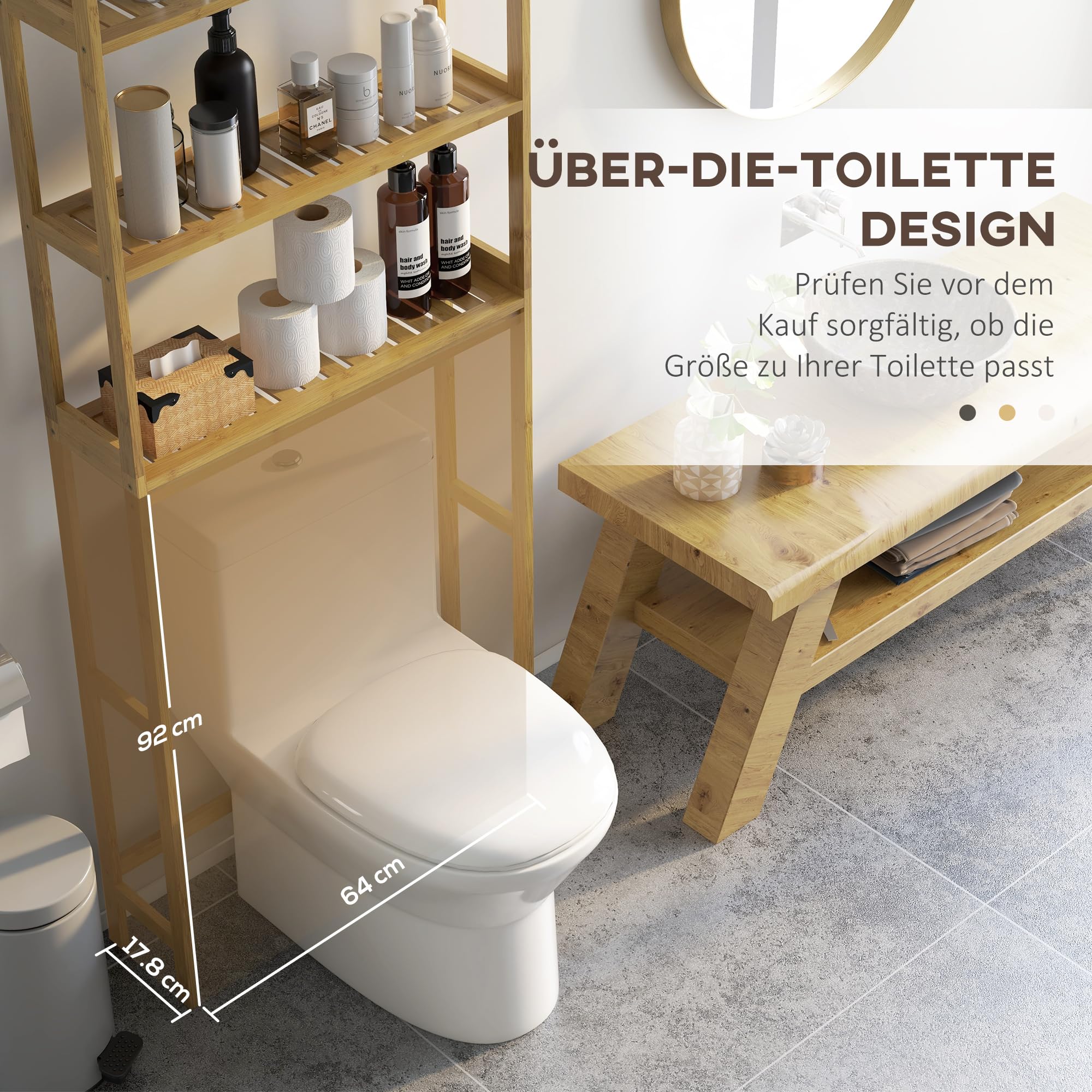 kleankin Toilettenregal 3-Stufiges Badezimmerregal für Toilette Natur