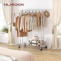 Vista 8 de Tajsoon Perchero resistente con estante y ganchos, doble barra de ropa con ruedas con cerradura, percheros plegables para colgar ropa, perchero